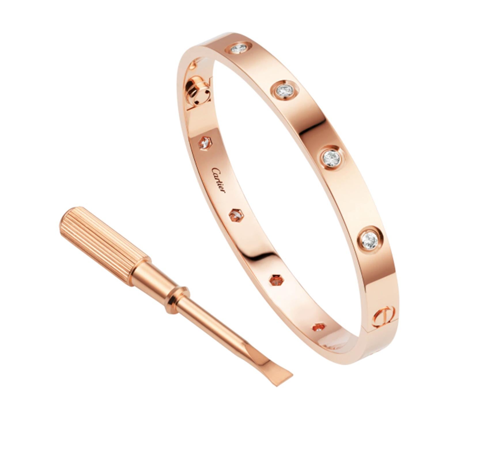 Designer: Cartier

Collection: Love

Style: Bangle Bracelet

Metal: Rose Gold

​​​​​​​Metal Purity: 18k

Stone: Round Brilliant Cut Diamonds

Total Carat Weight: 0.96 ct

Bracelet Size: 18 = 18 cm

Hallmarks: 18, Au750 Cartier, Serial No.,

Retail: