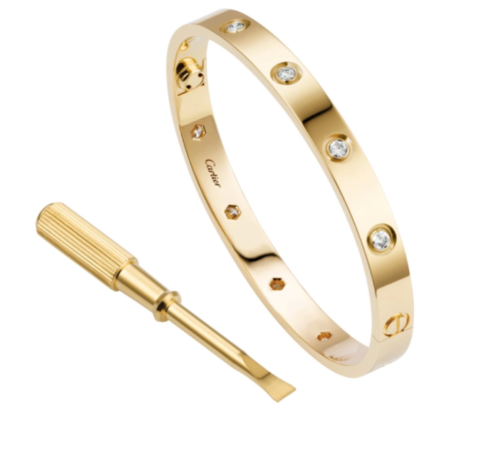 Designer: Cartier

Collection: Love

Style: Bangle Bracelet

Metal: Yellow Gold

​​​​​​​Metal Purity: 18k

Stone: Round Brilliant Cut Diamonds

Total Carat Weight: 0.96 ct

Bracelet Size: 19 = 19 cm

Hallmarks: 19, Au750 Cartier, Serial