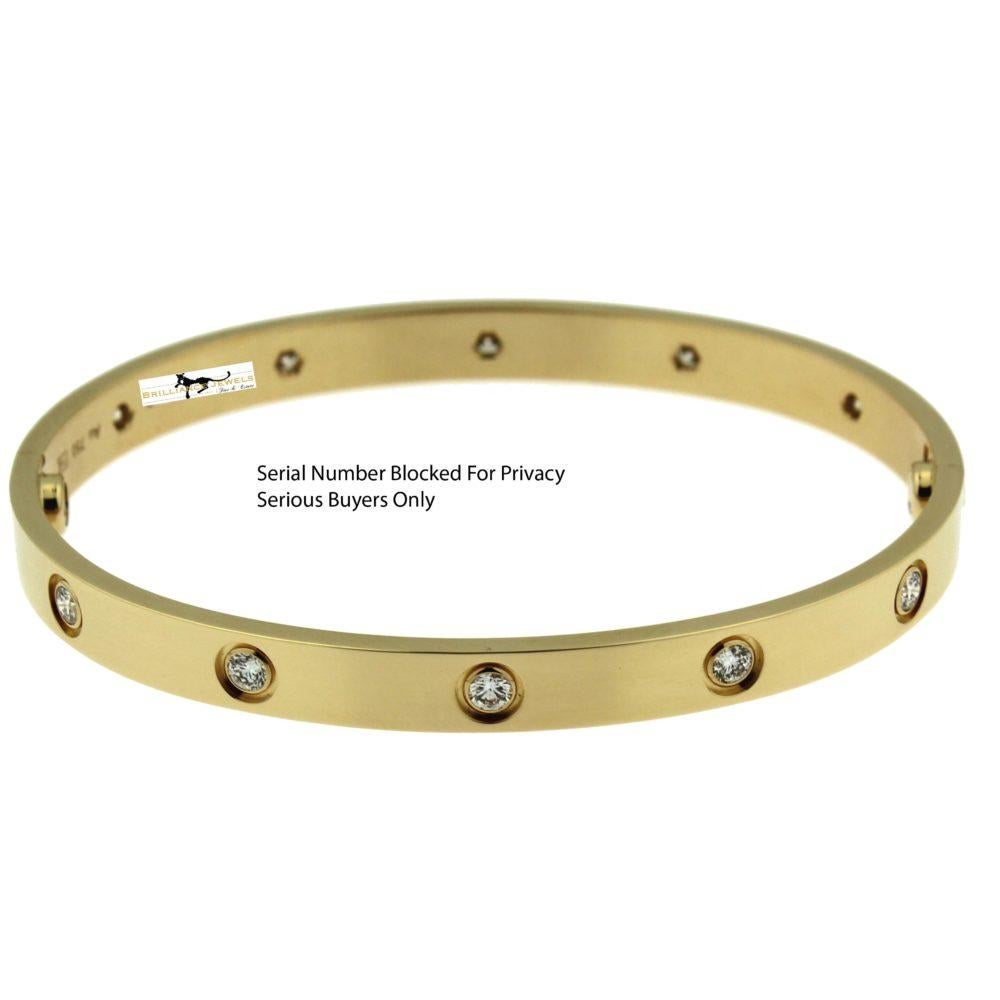 Designer: Cartier

Collection: Love

Style: Bangle Bracelet

Metal: Yellow Gold

​​​​​​​Metal Purity: 18k

Stone: Round Brilliant Cut Diamonds

Total Carat Weight: 0.96 ct

Bracelet Size: 20 = 20 cm

Hallmarks: 20, Au750 Cartier, Serial