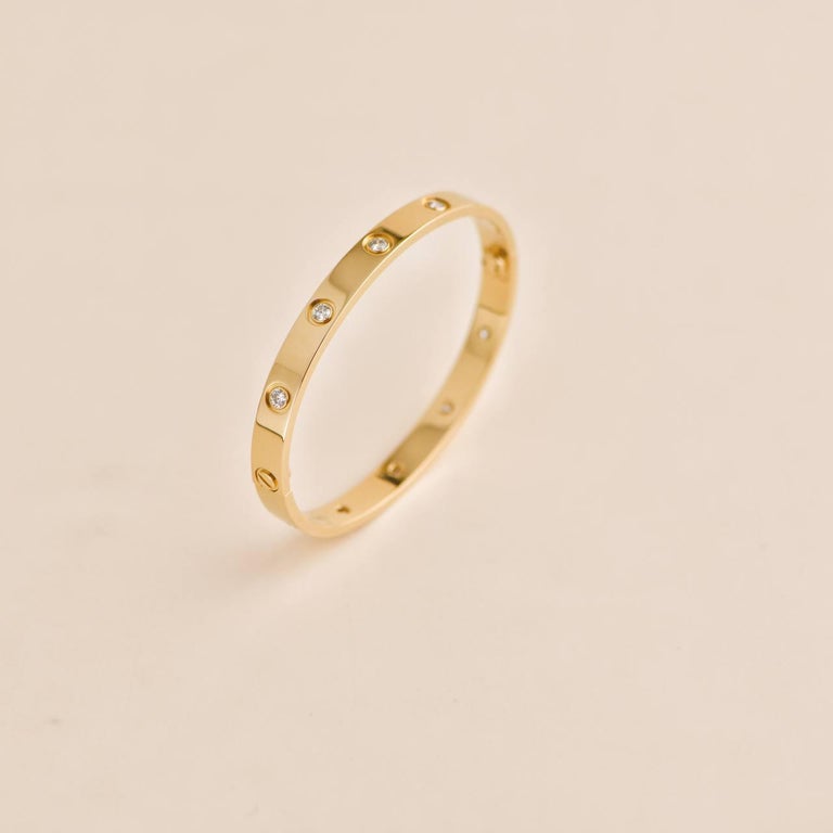 Cartier Love Bracelet 10 Diamond Yellow Gold Size 17 For Sale at