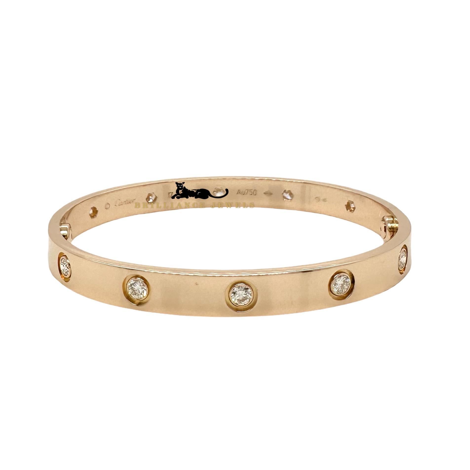 Round Cut Cartier Love Bracelet 10 Diamonds in 18k Rose Gold, Size 17, Classic Size For Sale