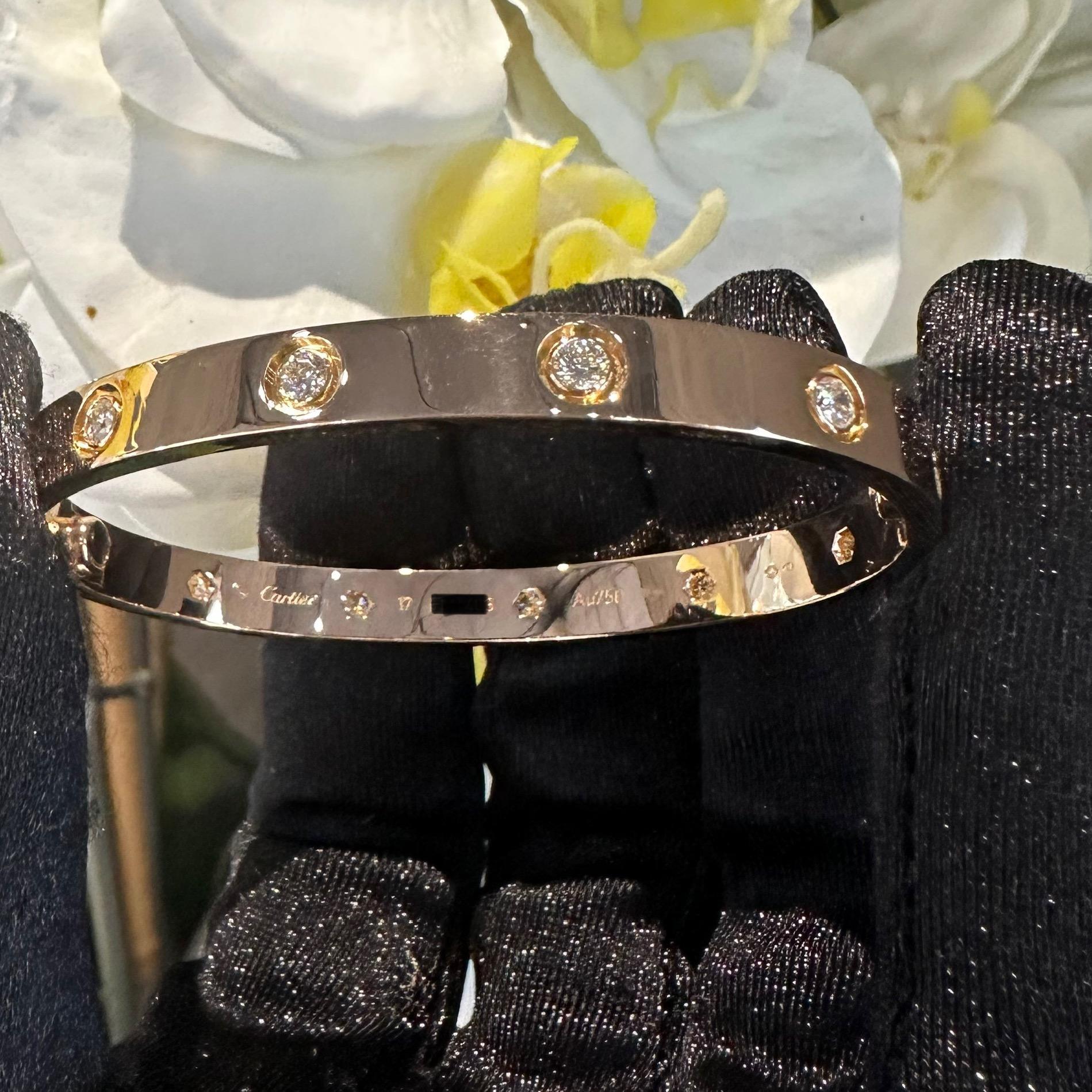 Cartier Love Bracelet 10 Diamonds in 18k Rose Gold, Size 17, Classic Size For Sale 1