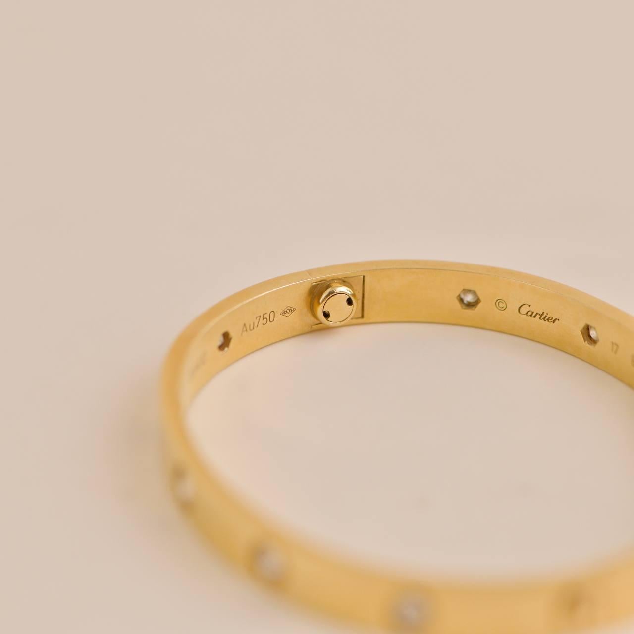 Cartier Love Bracelet 10 Diamonds Yellow Gold Size 17 For Sale 5