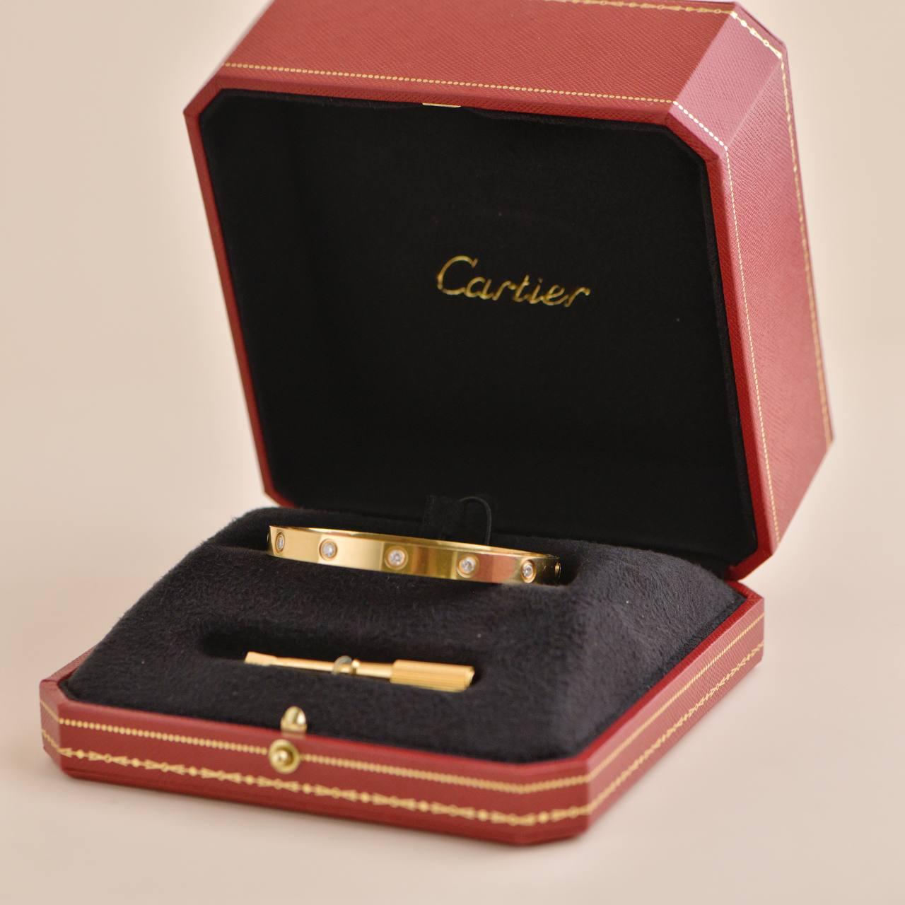 Brilliant Cut Cartier Love Bracelet 10 Diamonds Yellow Gold Size 17 For Sale