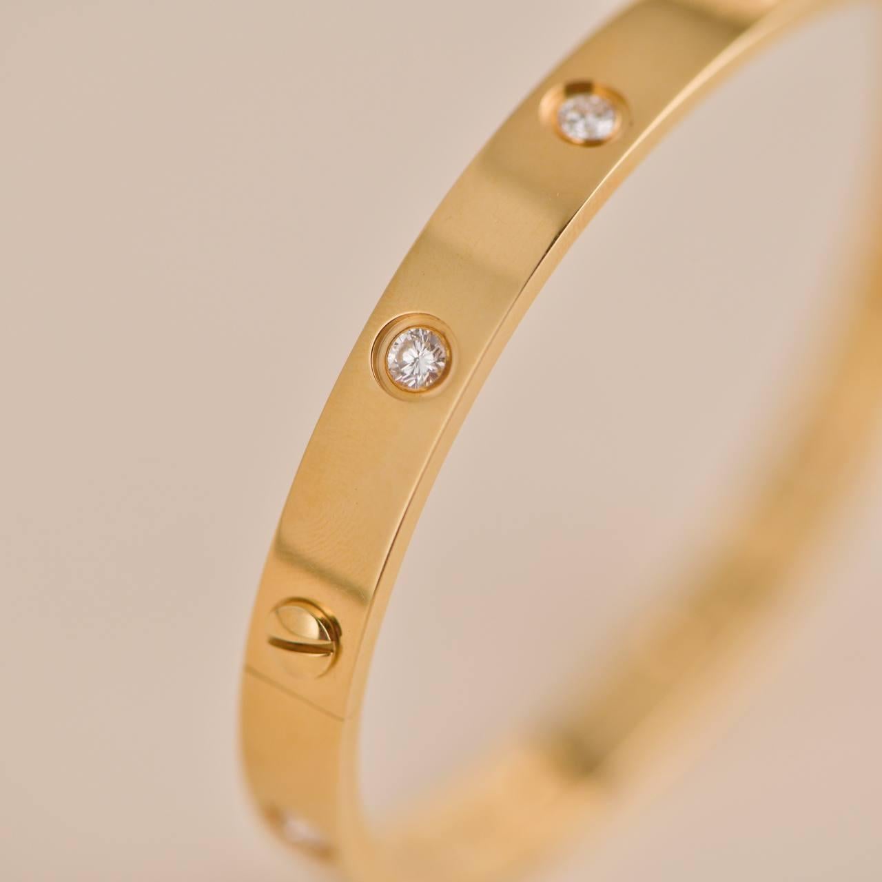 Cartier Love Bracelet 10 Diamonds Yellow Gold Size 17 In Excellent Condition For Sale In Banbury, GB