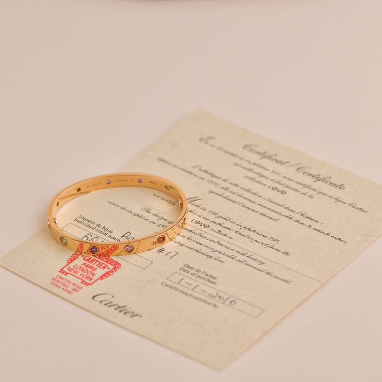 Brilliant Cut Cartier Love Bracelet 10 Multi Gemstone Rose Gold Size 17