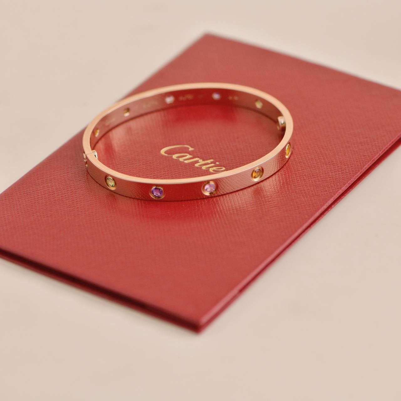 Brilliant Cut Cartier Love Bracelet 10 Multi Gemstone Rose Gold Size 17 For Sale