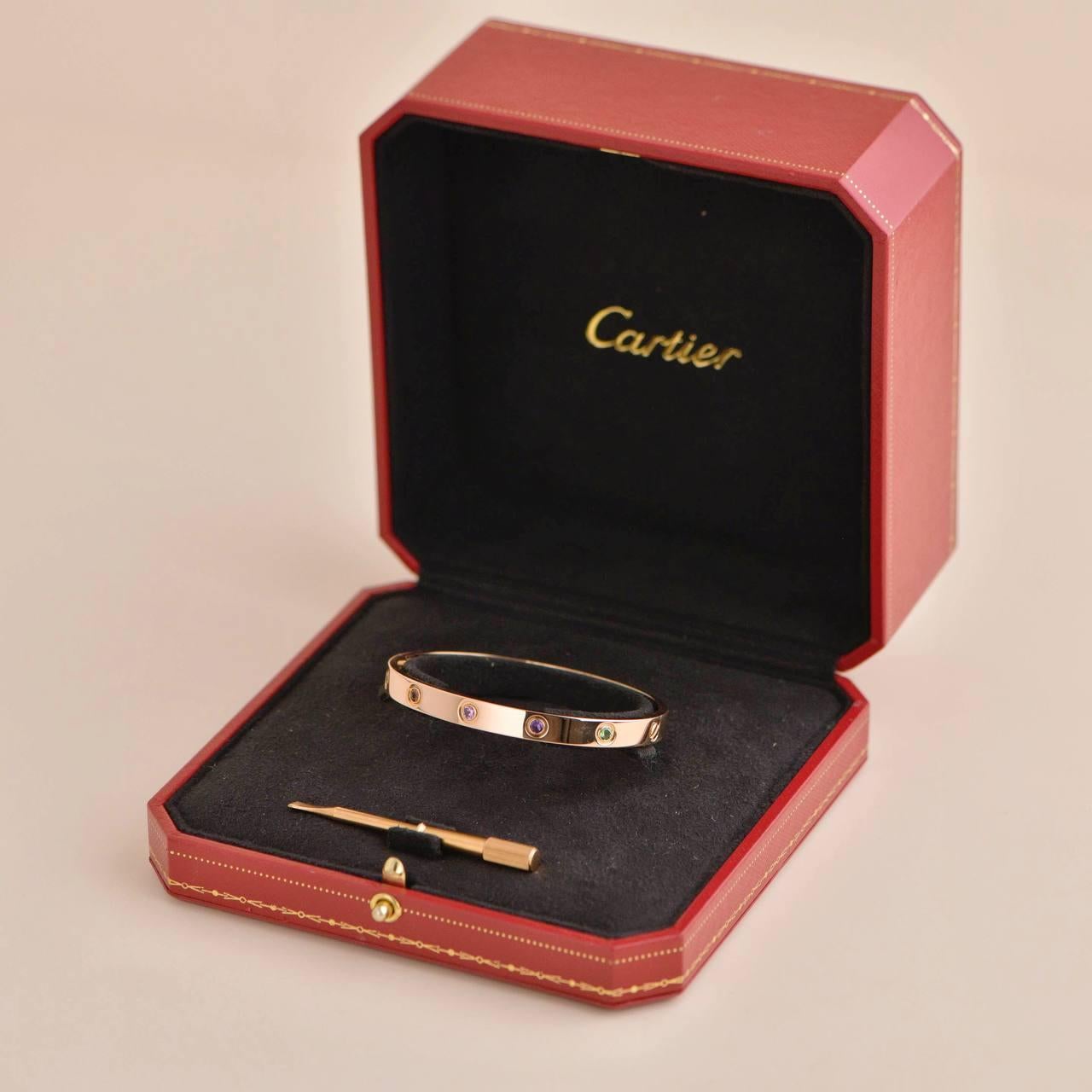 Brilliant Cut Cartier Love Bracelet 10 Multi Gemstone Rose Gold Size 17