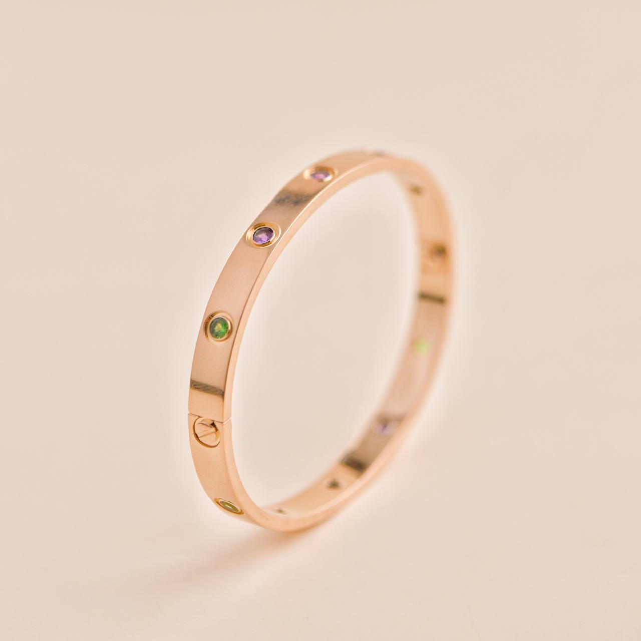 Cartier Love Bracelet 10 Multi Gemstone Rose Gold Size 17 In Excellent Condition In Banbury, GB