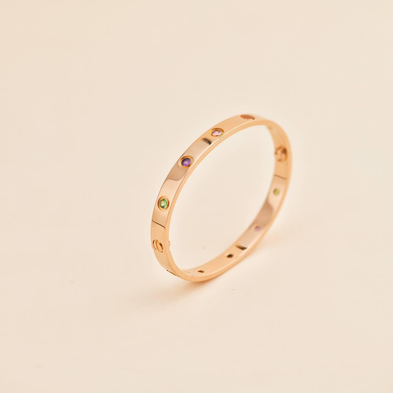 Cartier Love Bracelet 10 Multi Gemstone Rose Gold Size 17 In Excellent Condition For Sale In Banbury, GB