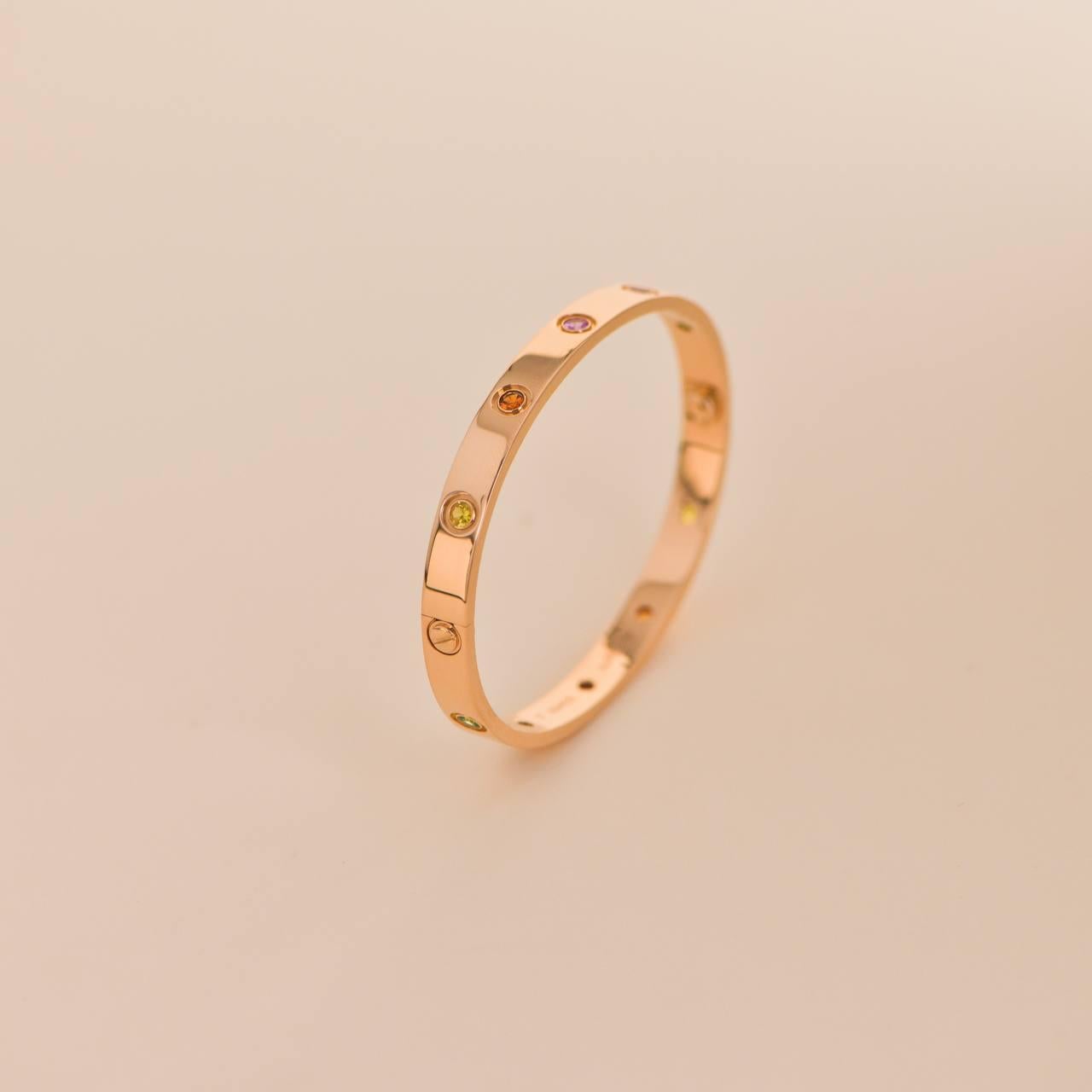 Cartier Love Bracelet 10 Multi Gemstone Rose Gold Size 17 In Excellent Condition In Banbury, GB
