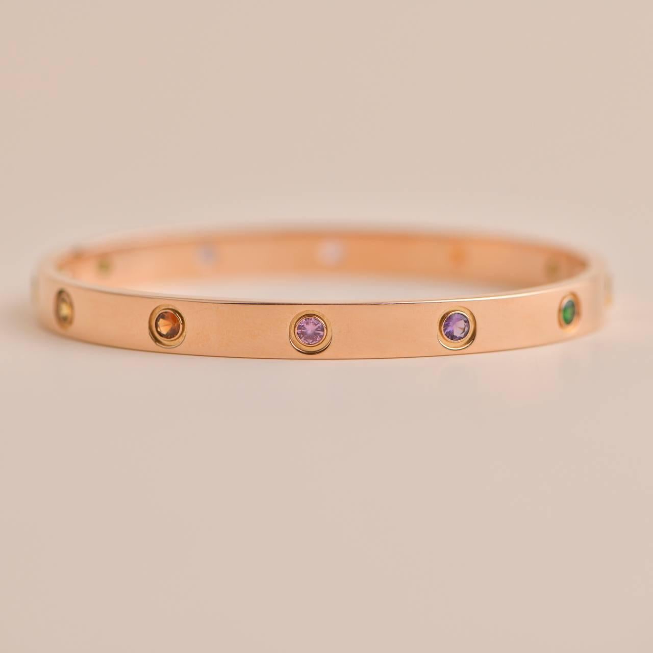 Cartier Love Bracelet 10 Multi Gemstone Rose Gold Size 18 In Excellent Condition In Banbury, GB
