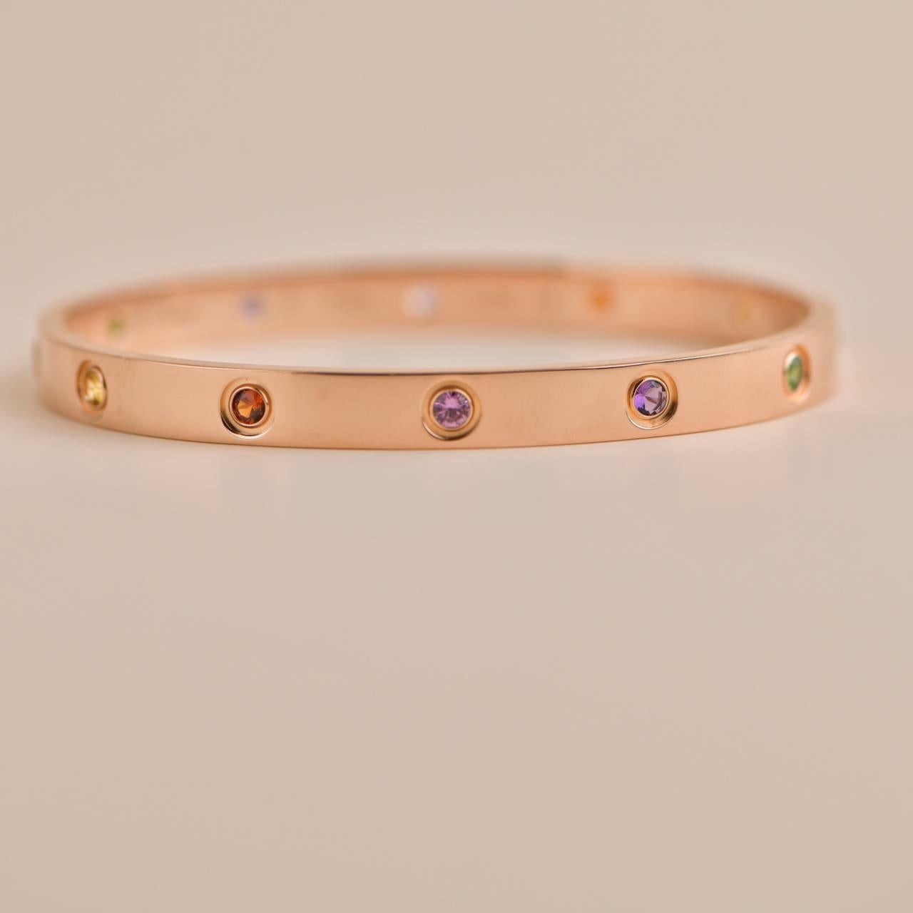 Uncut Cartier Love Bracelet 10 Multi Gemstone Rose Gold Size 18