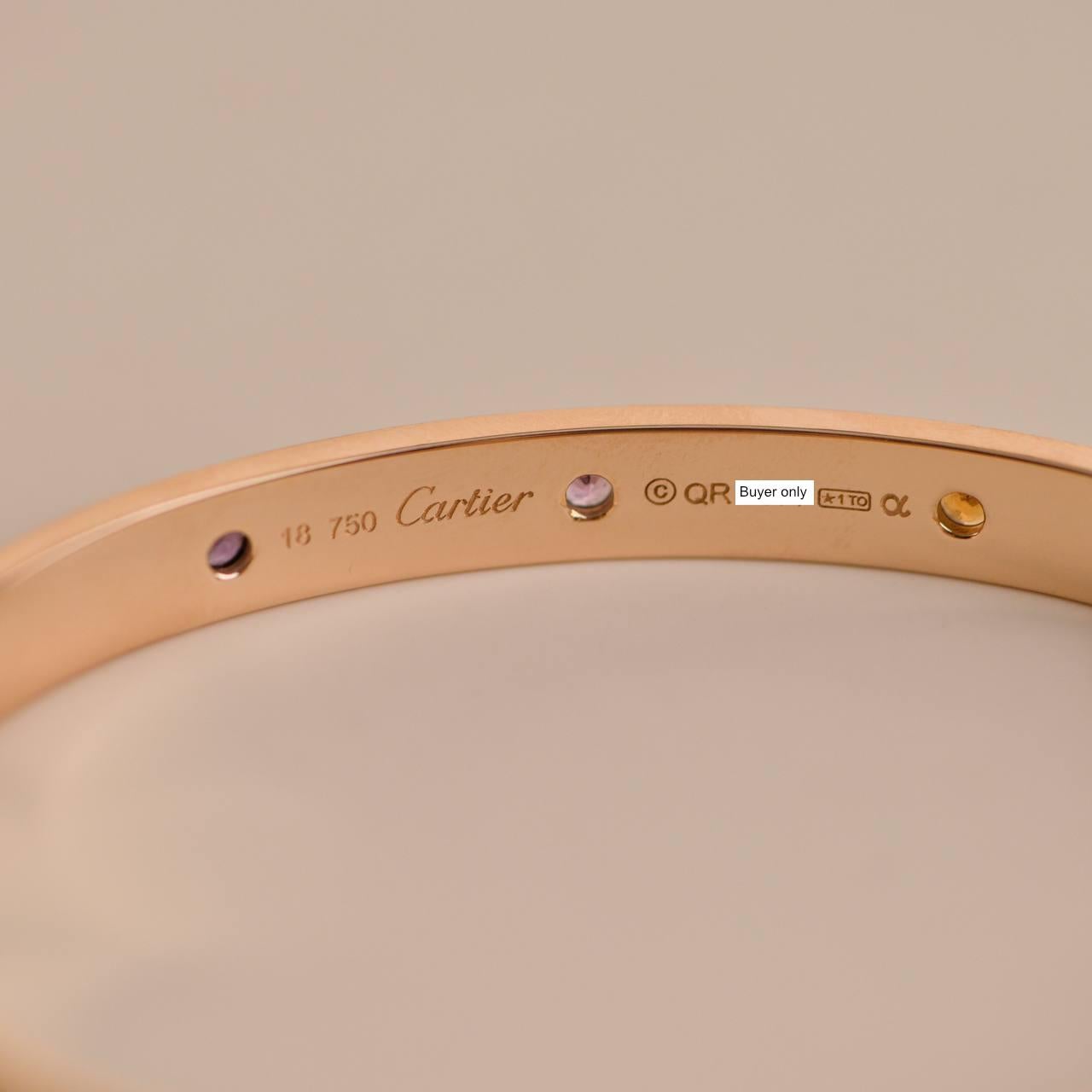 Cartier Love Bracelet 10 Multi Gemstone Rose Gold Size 18 In Excellent Condition In Banbury, GB