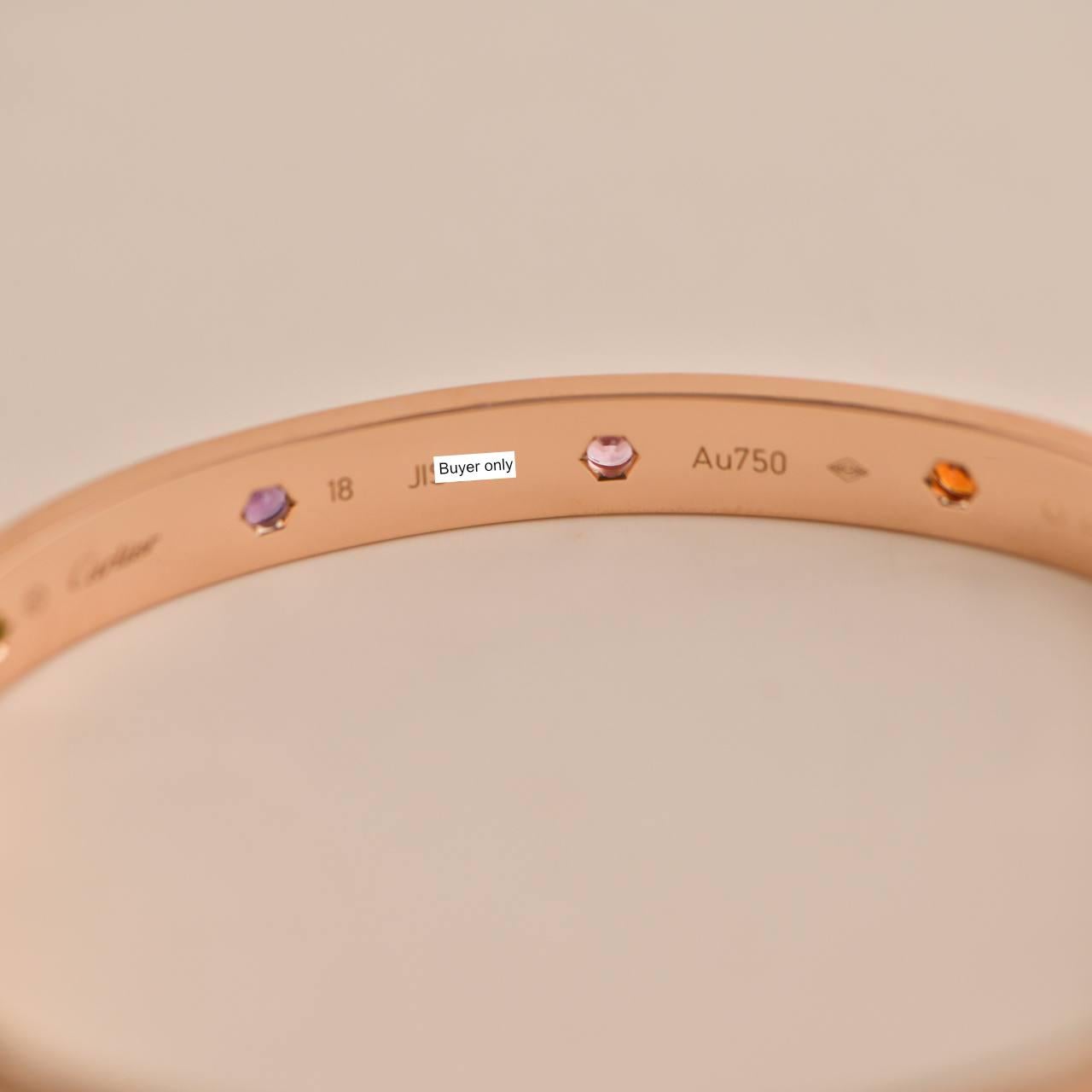 Cartier Love Bracelet 10 Multi Gemstone Rose Gold Size 18 In Excellent Condition In Banbury, GB