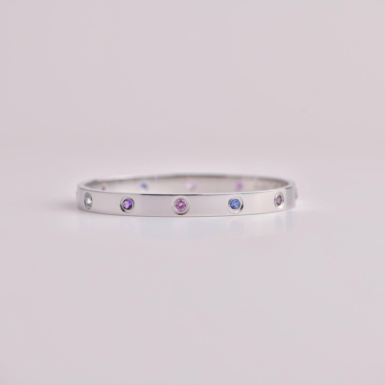 Cartier Love Bracelet 10 Multi Gemstone White Gold Size 17 In Excellent Condition In Banbury, GB