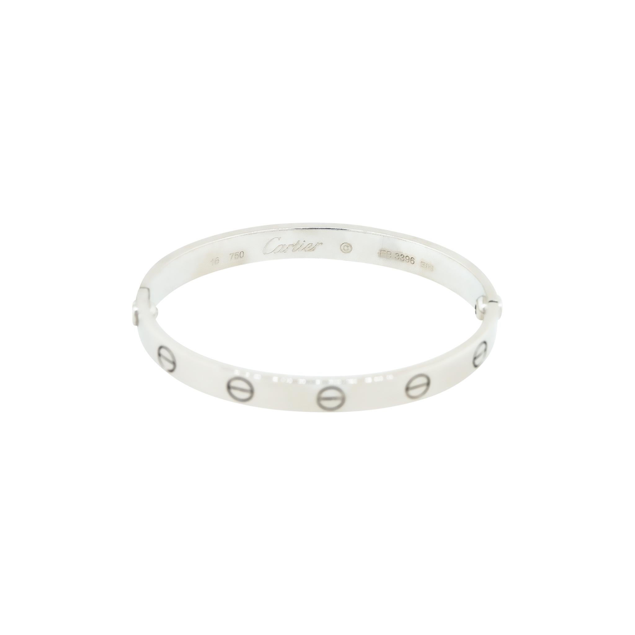 Cartier Love Bracelet 18 Karat Size 16 In Stock

Discover timeless elegance with the Cartier Love Bracelet in 18-karat white gold, available in size 16. This iconic piece embodies luxury and sophistication, featuring the signature screw motif that