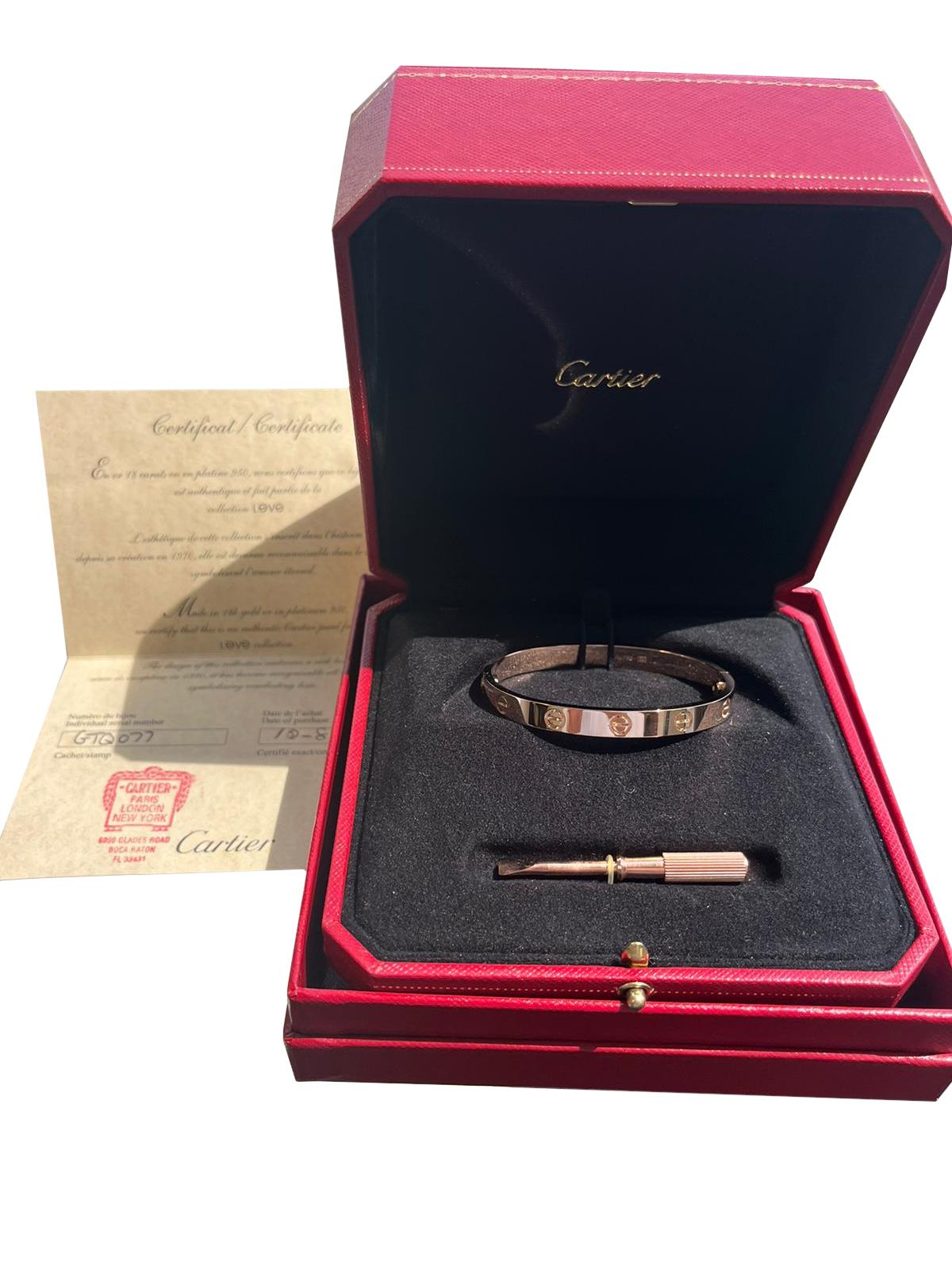 Cartier Love Bracelet 18K Rose Gold Size 16 With Screwdriver For Sale 2