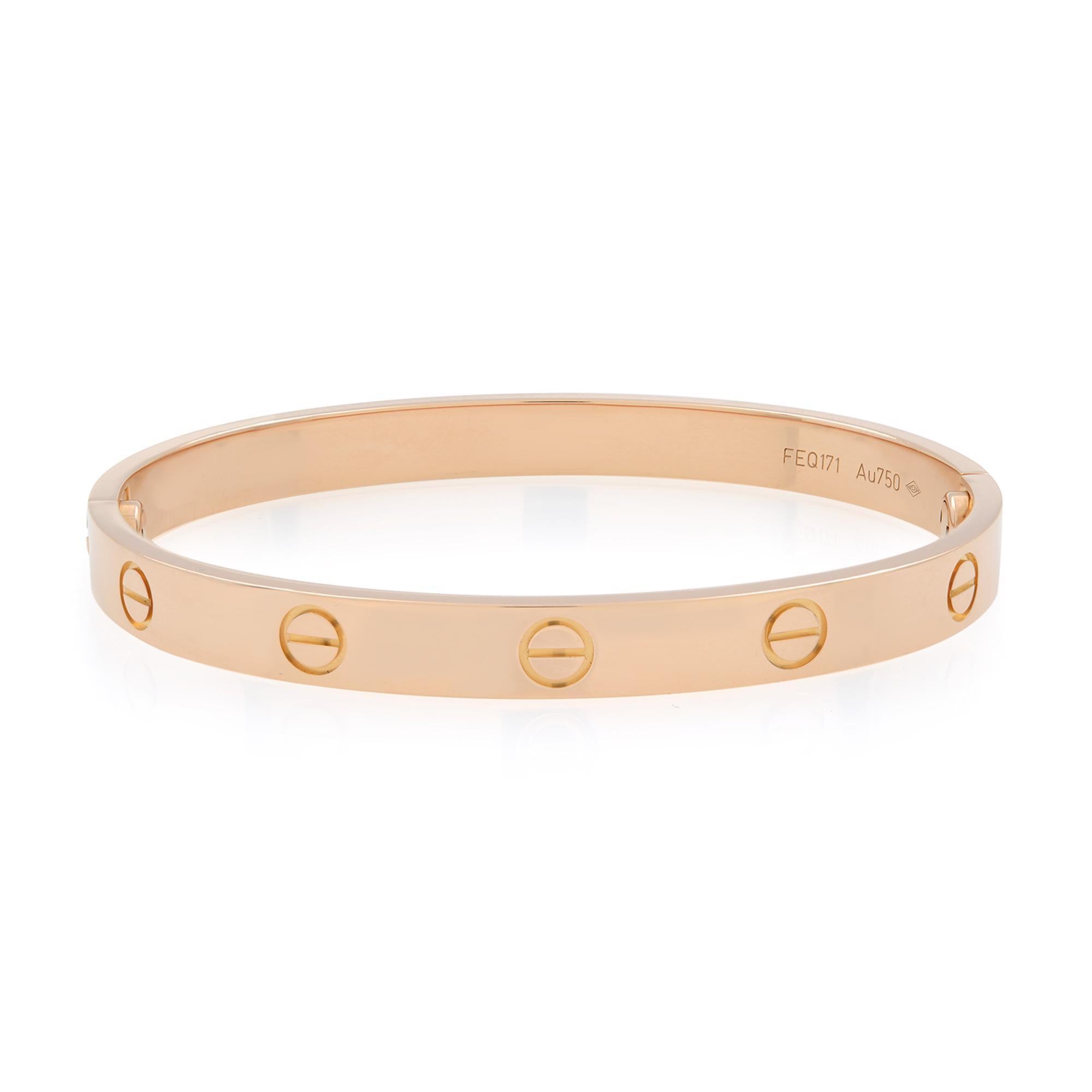 Cartier classic Love bracelet bangle size 17. Crafted in 18k rose gold. Width: 6.1mm. New style screw system. Excellent pre-owned condition. Comes with a screw driver. No original box and paper included. Chronostore appraisal included. 