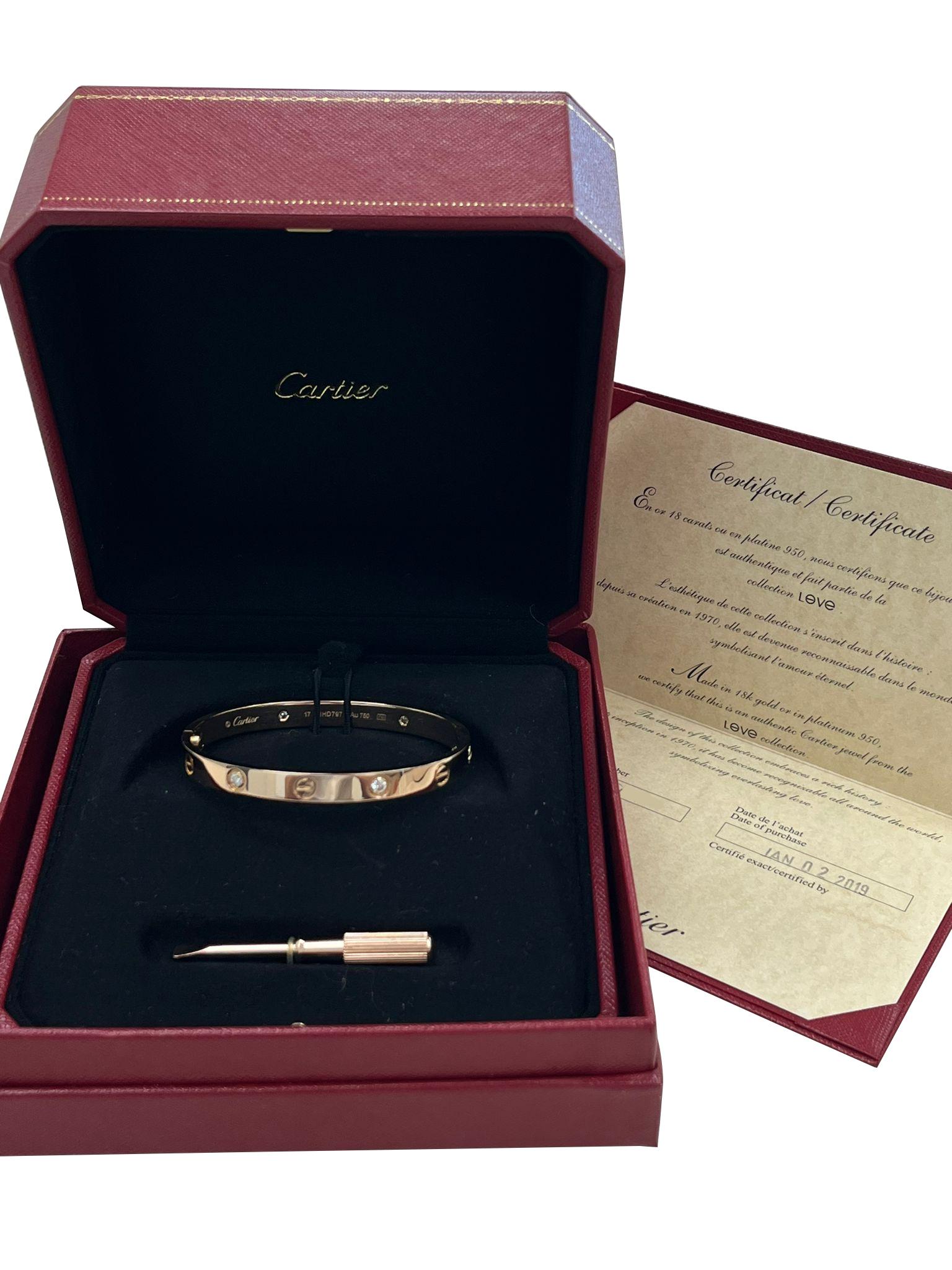 Cartier Love Bracelet 18K Rose Gold Size 17 With Screwdriver Bangle For Sale 4