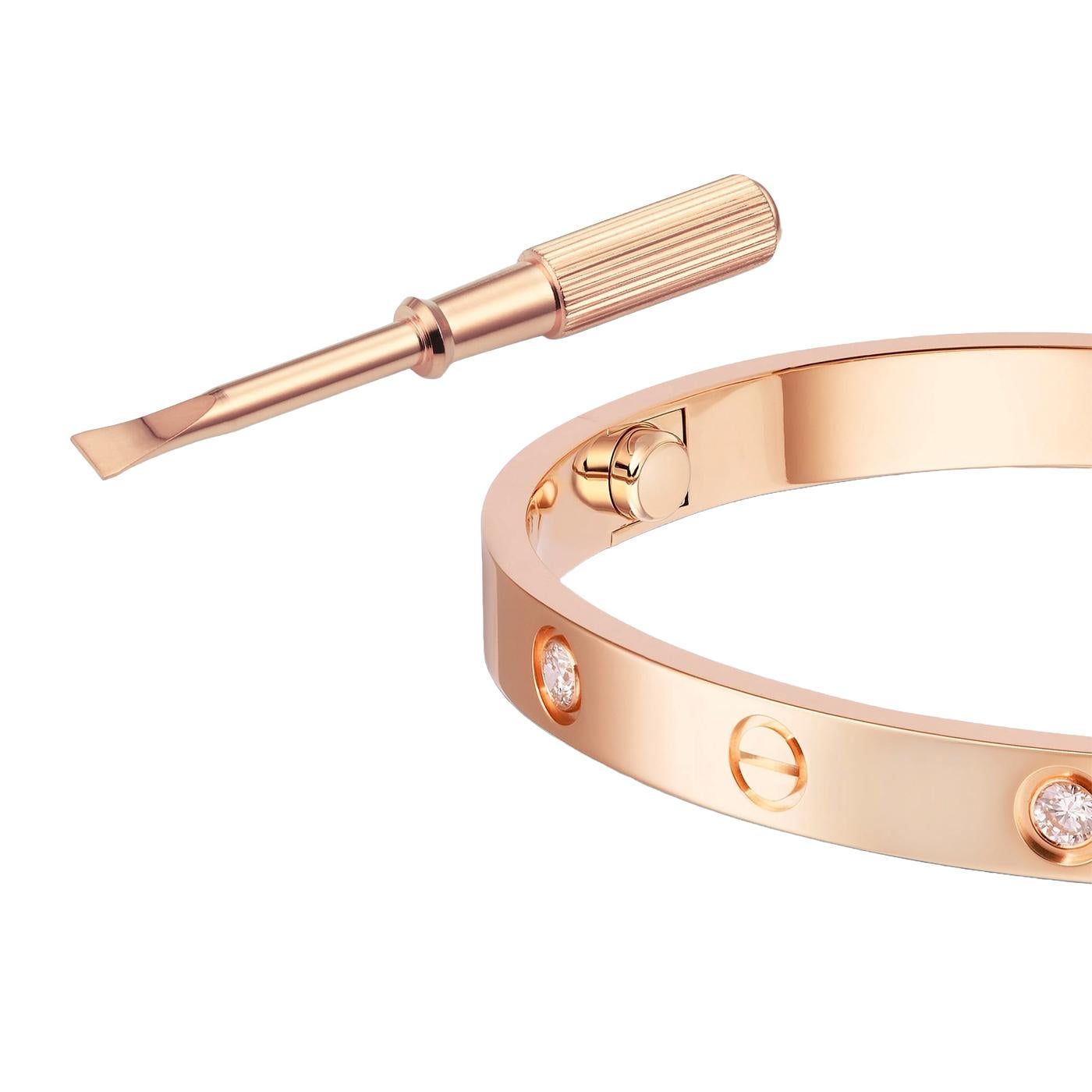 Modernist Cartier Love Bracelet 18K Rose Gold Size 17 With Screwdriver Bangle For Sale