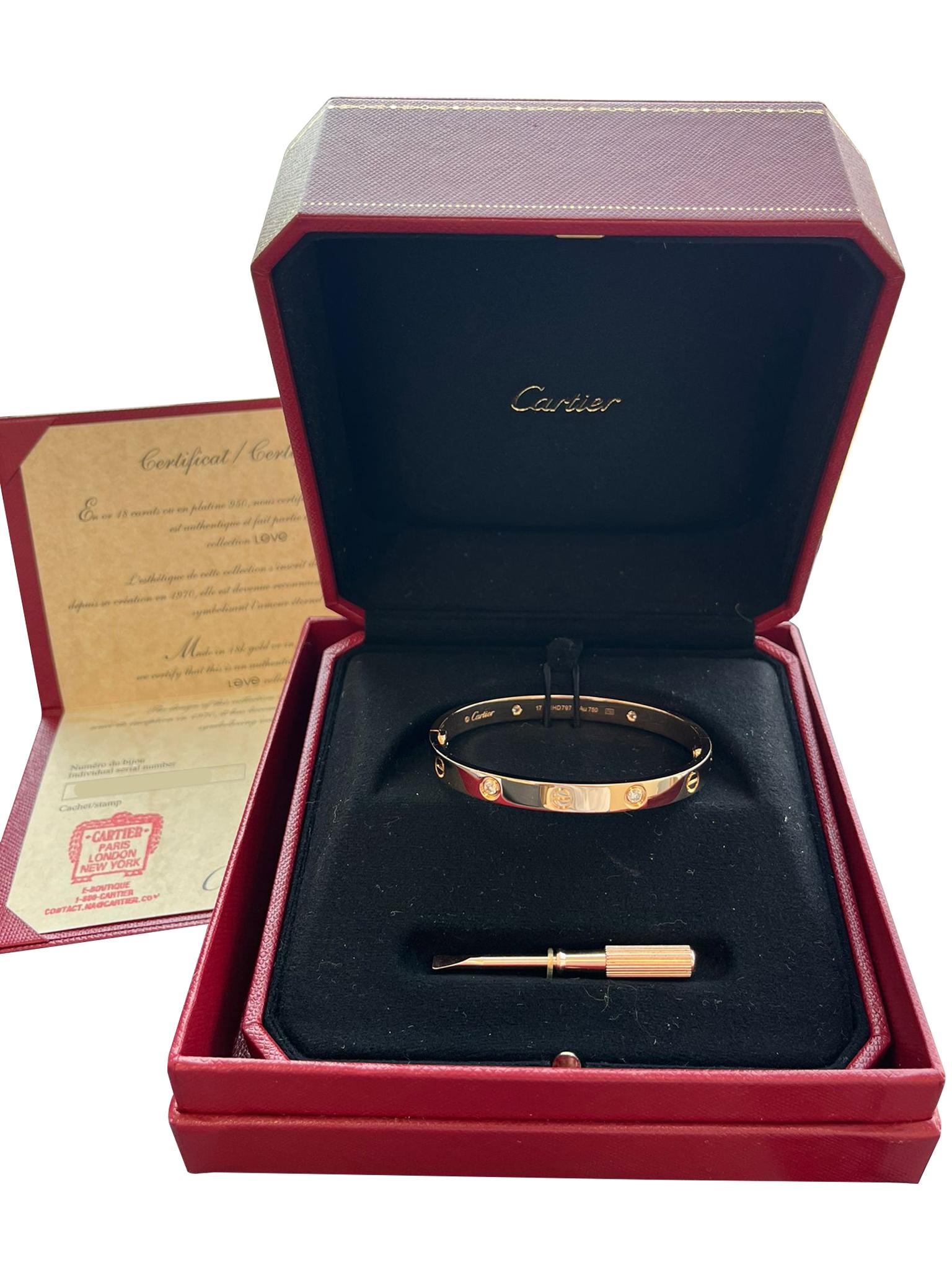 Cartier Love Bracelet 18K Rose Gold Size 17 With Screwdriver Bangle For Sale 2