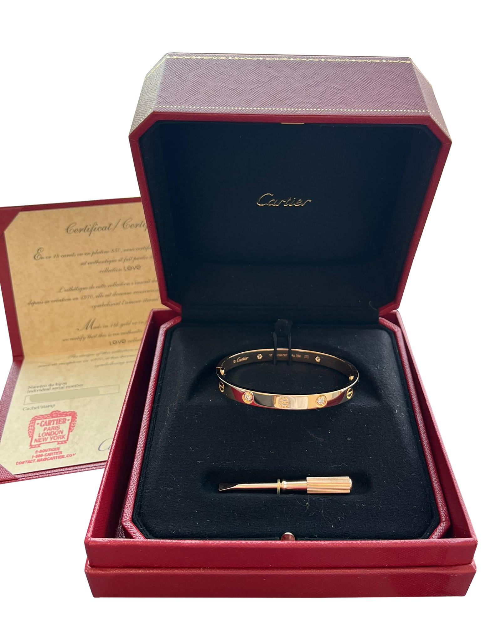 Women's Cartier Love Bracelet 18K Rose Gold Size 17 With Screwdriver Bangle For Sale
