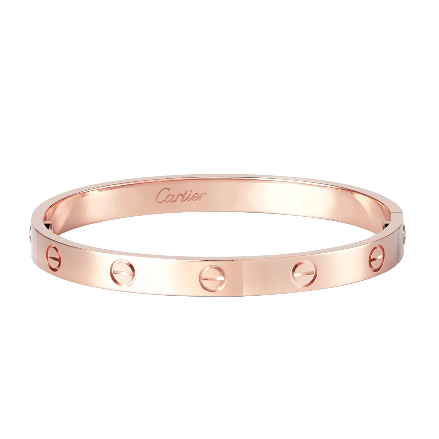 LOVE bracelet, 18K rose gold (750/1000). Comes with a screwdriver. Width: 6.1 mm. Created in New York in 1969, the LOVE bracelet is an icon of jewelry design: a close-fitting, oval bracelet composed of two rigid arcs which are worn on the wrist and