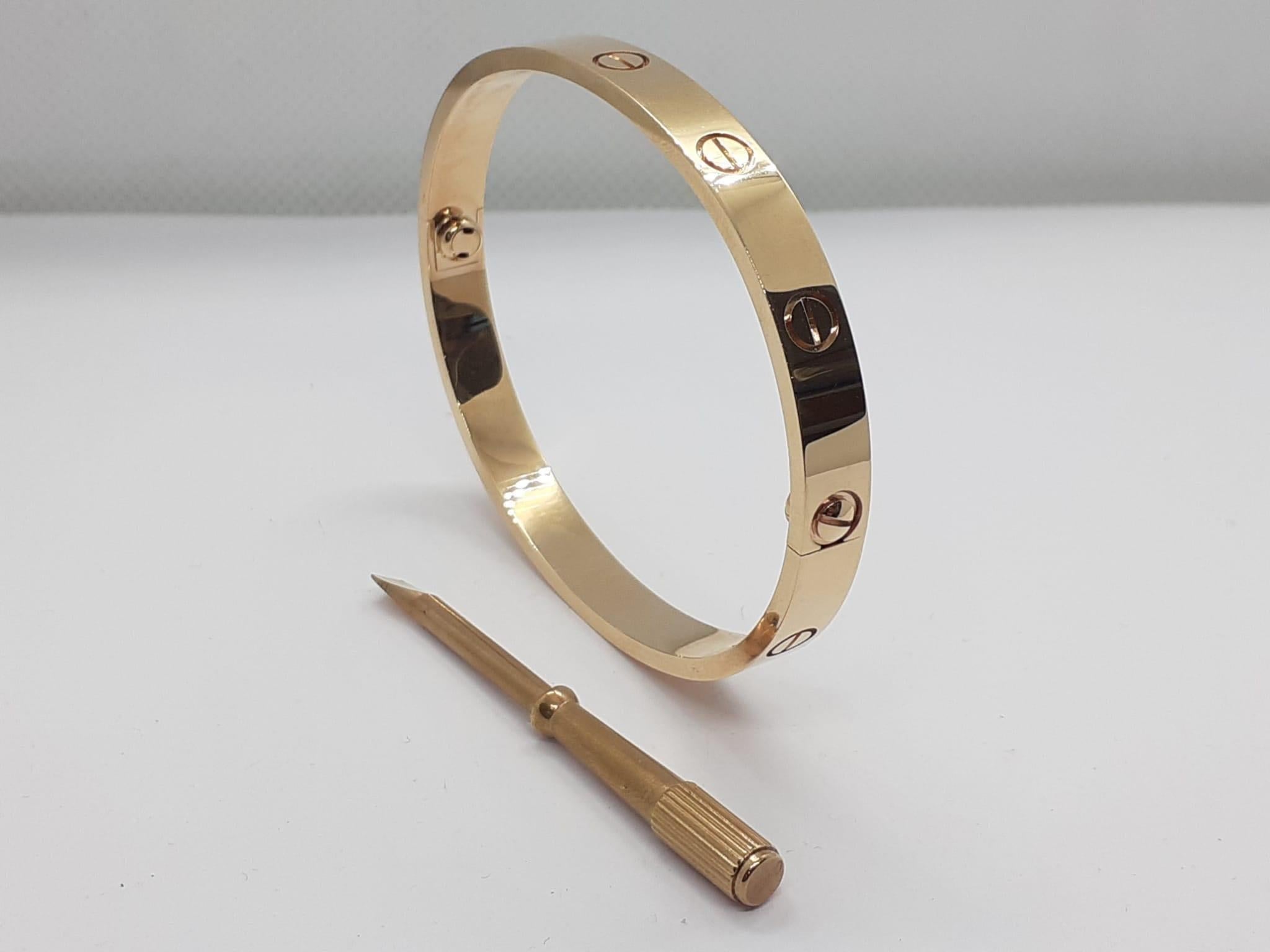CARTIER LOVE BRACELET
In yellow Gold in different measures this one is 17
If the robust locking mechanism and miniature screw heads that characterized Cartier’s Love bracelet when it first appeared conjured crude, medieval hardware, there’s a good