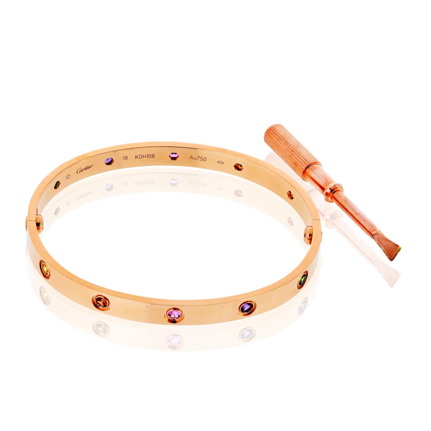 Cartier Pulsera Amor Oro Rosa 18K con Zafiros Multicolor - Talla 19, Cert Moderno en venta
