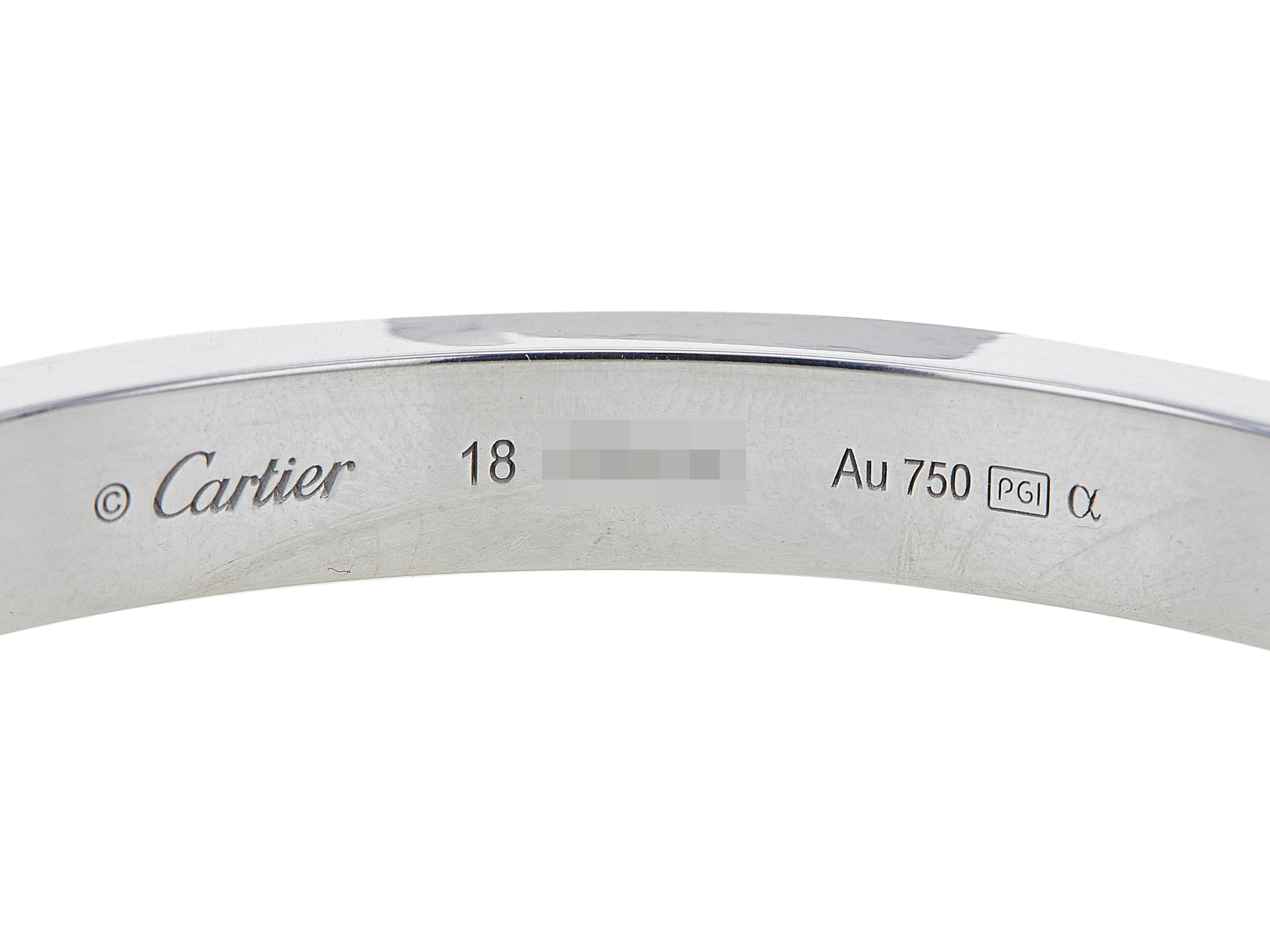 Love Bracelet 18K WG Classic Model Paved Size 18

The Cartier Love Bracelet is a timeless piece that blends luxury with industrial motifs. Now a true icon in the world of jewelry, it was originally imagined by Aldo Cipullo in 1969. This bracelet was