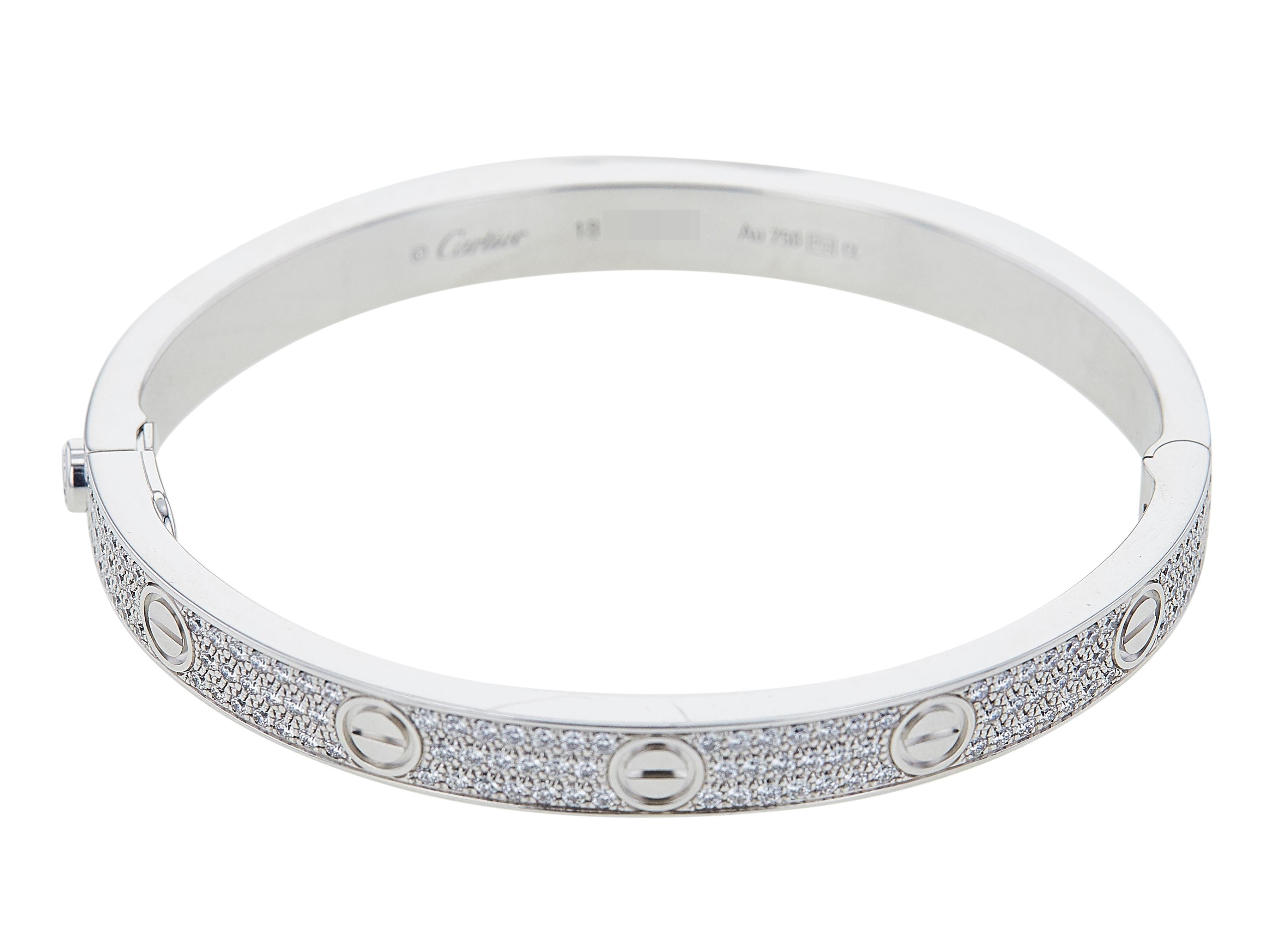 Brilliant Cut Cartier Love Bracelet 18K White Gold Classic Model Paved Size 18 For Sale