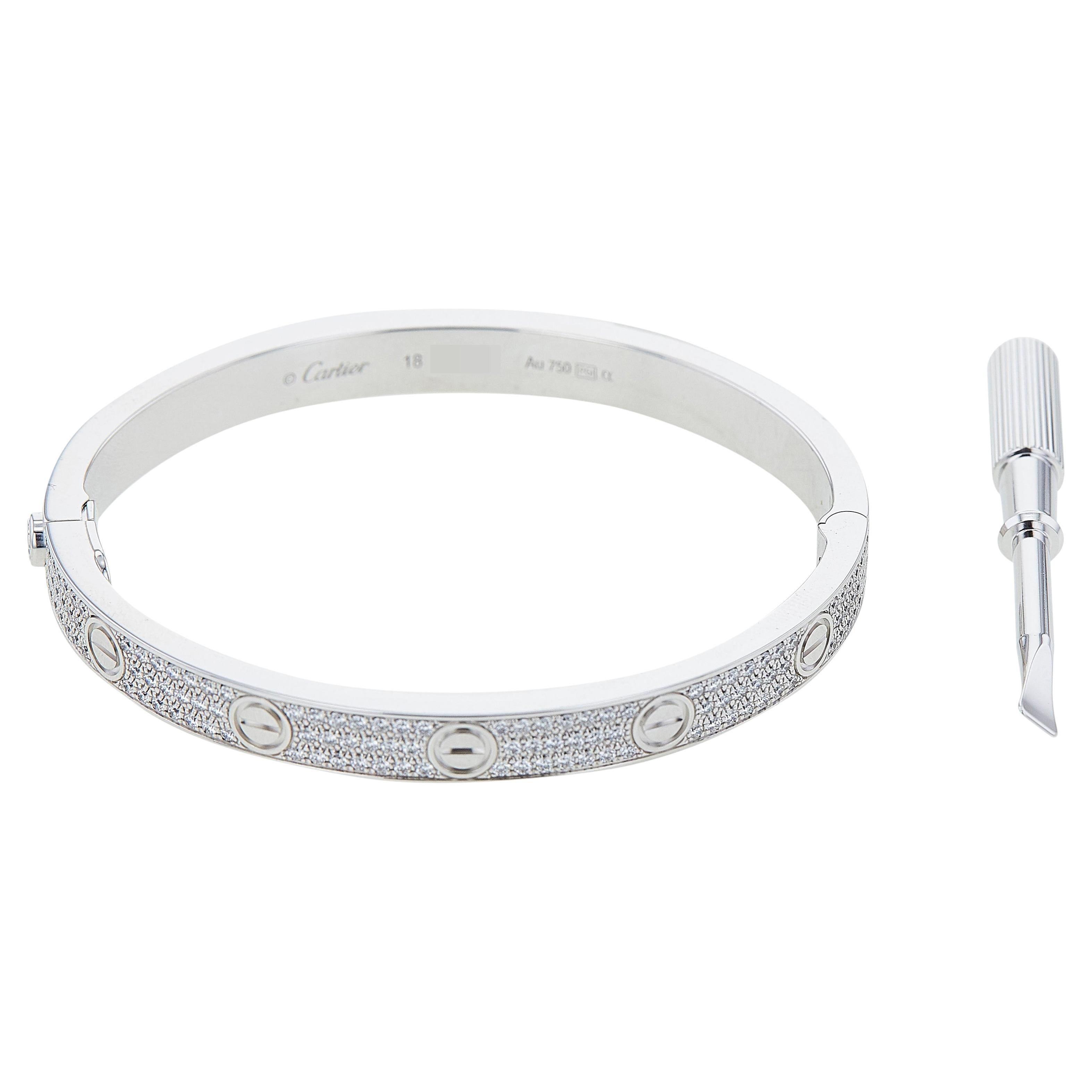 Cartier Love Bracelet 18K White Gold Classic Model Paved Size 18 For Sale