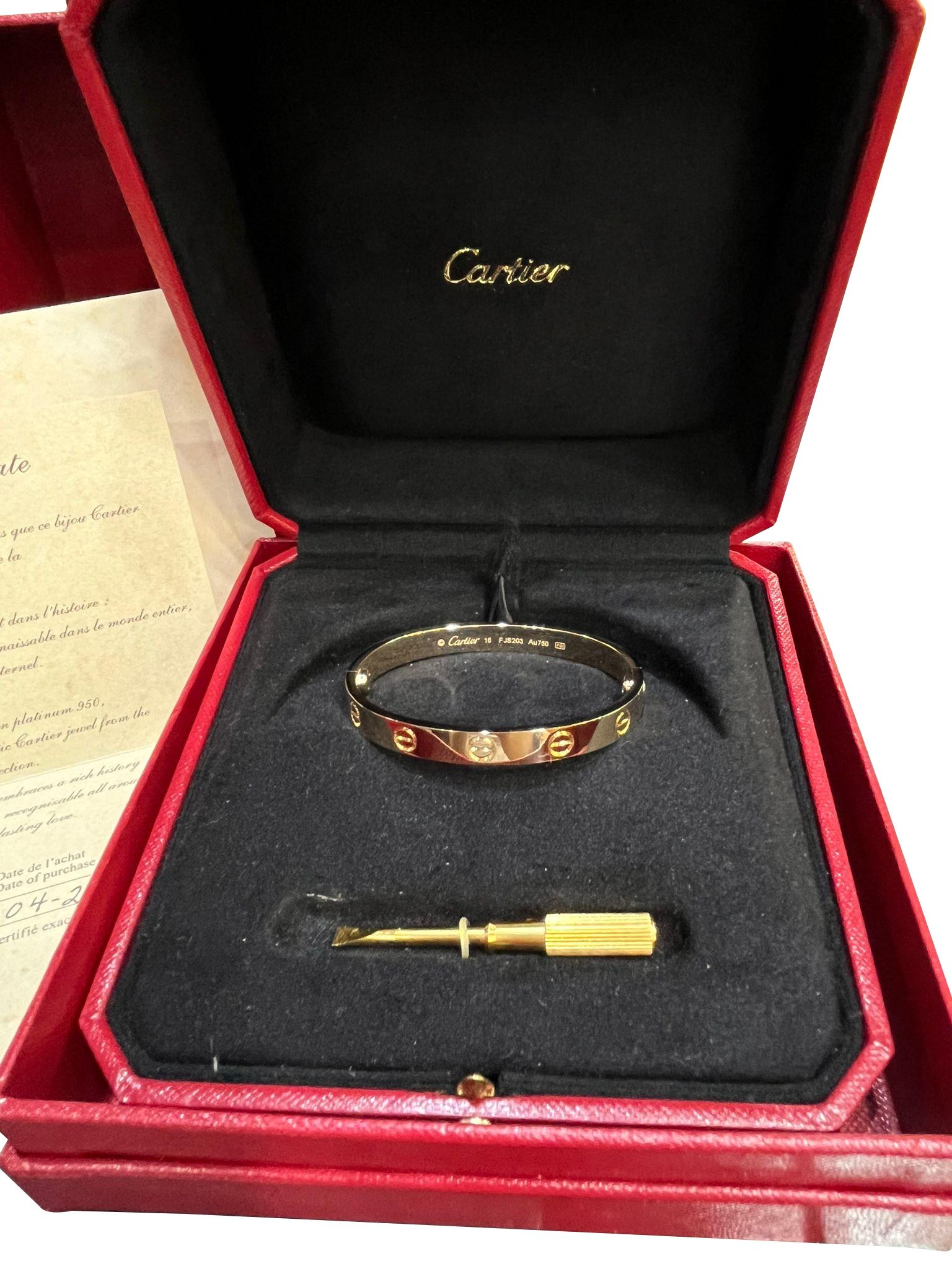 Cartier Love Bracelet 18K Yellow Gold Size 15 Brushed Finish with Screwdriver For Sale 4