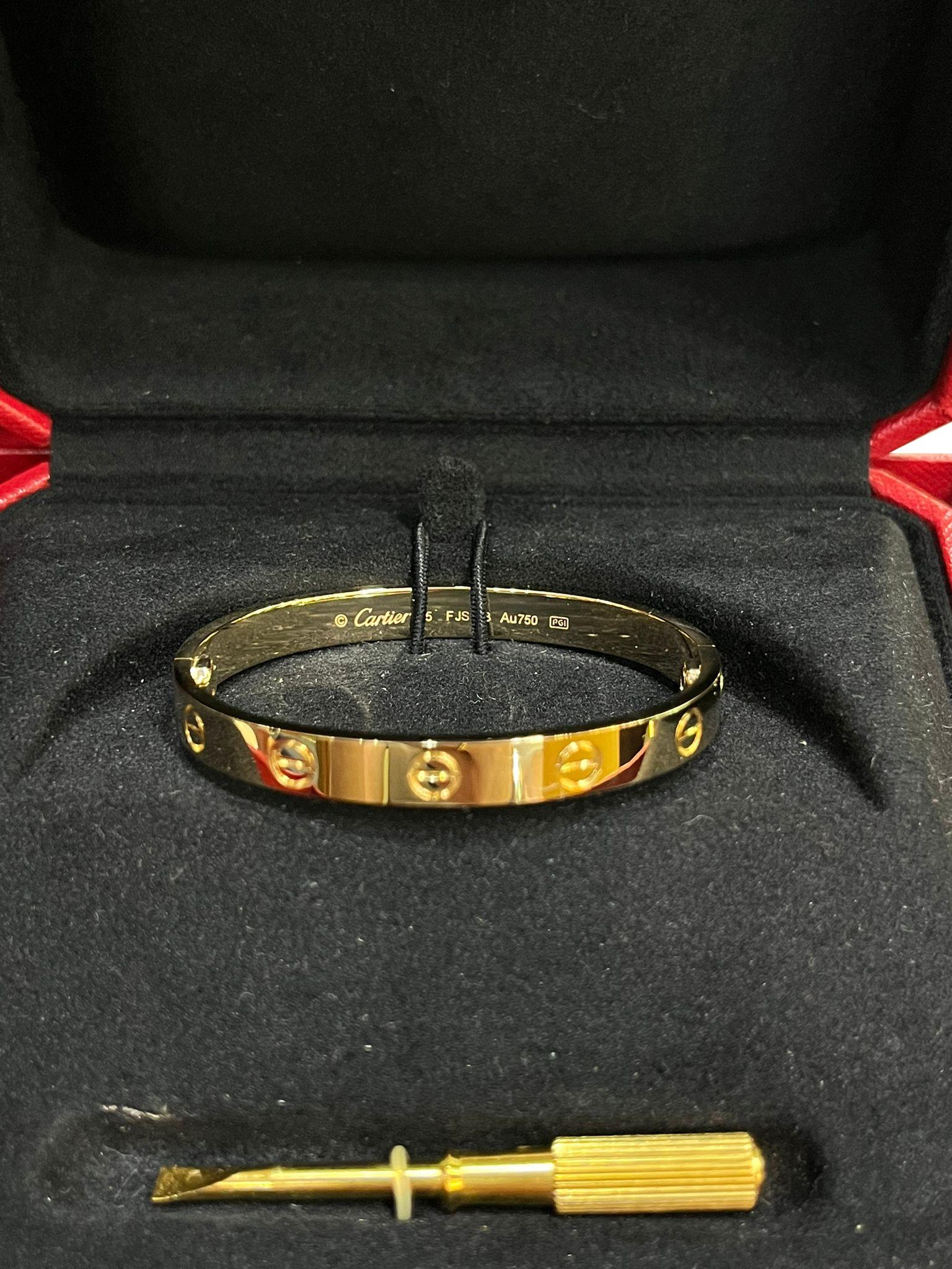 Cartier Love Bracelet 18K Yellow Gold Size 15 Brushed Finish with Screwdriver For Sale 7