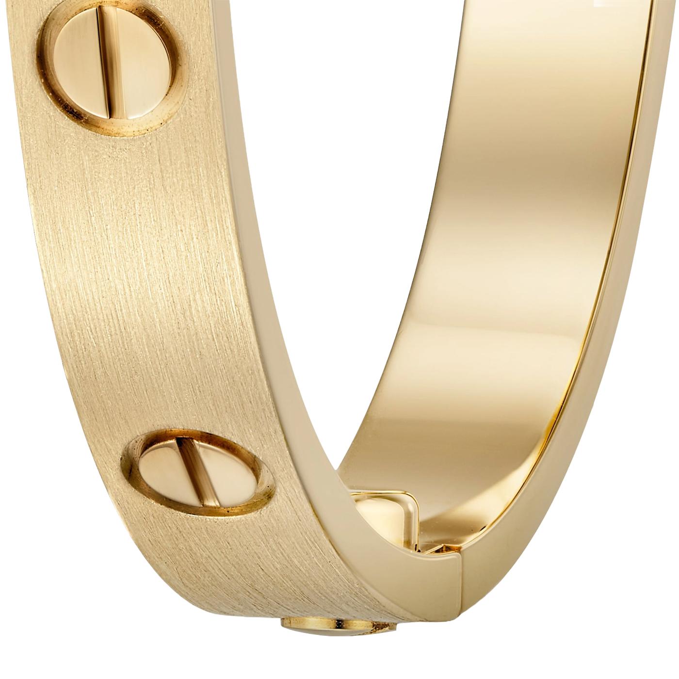 Modernist Cartier Love Bracelet 18K Yellow Gold Size 15 Brushed Finish with Screwdriver For Sale