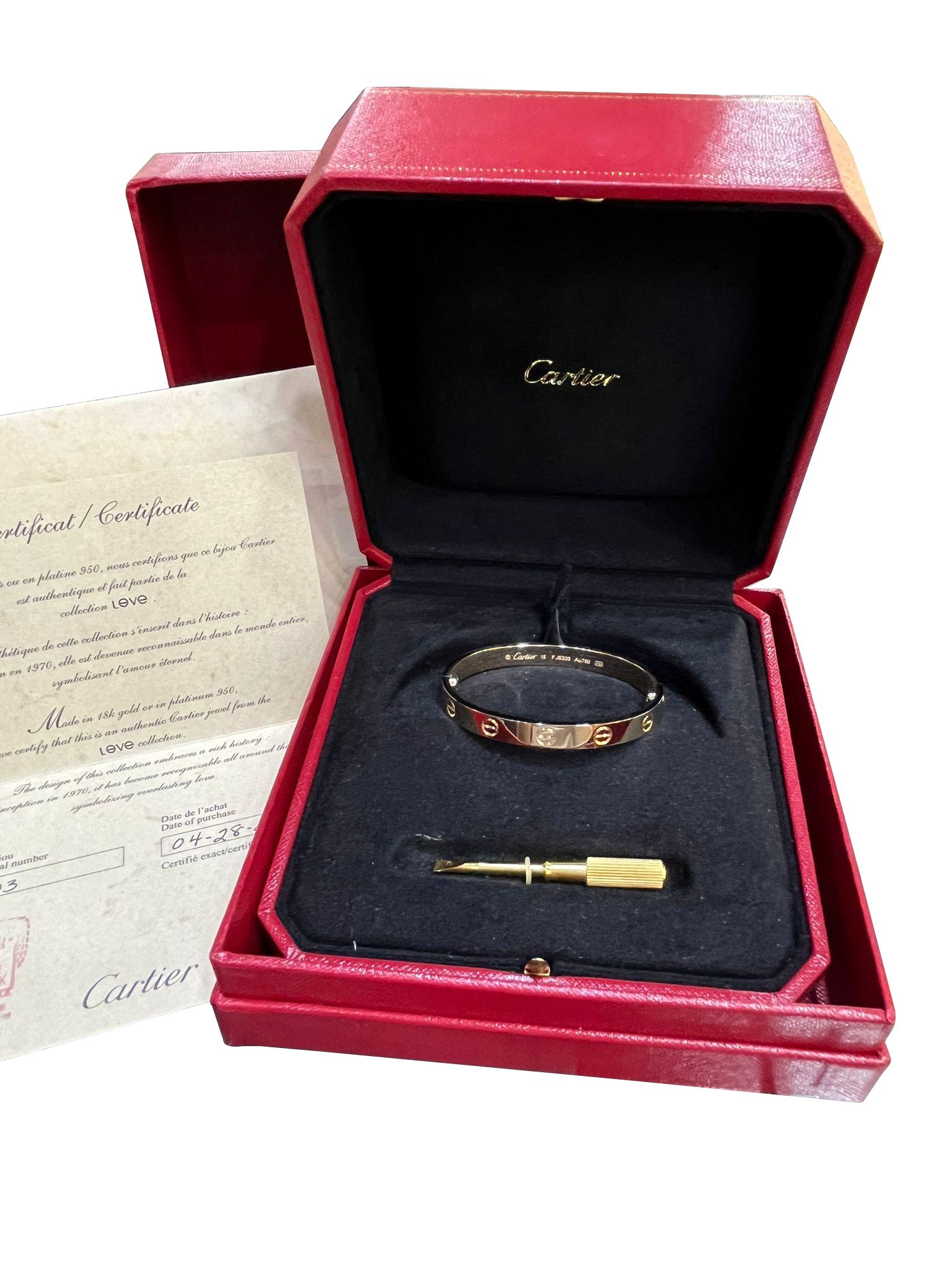 Cartier Love-Armband 18K Gelbgold Größe 15 gebürstete Oberfläche mit Schraubenzieher im Angebot 3