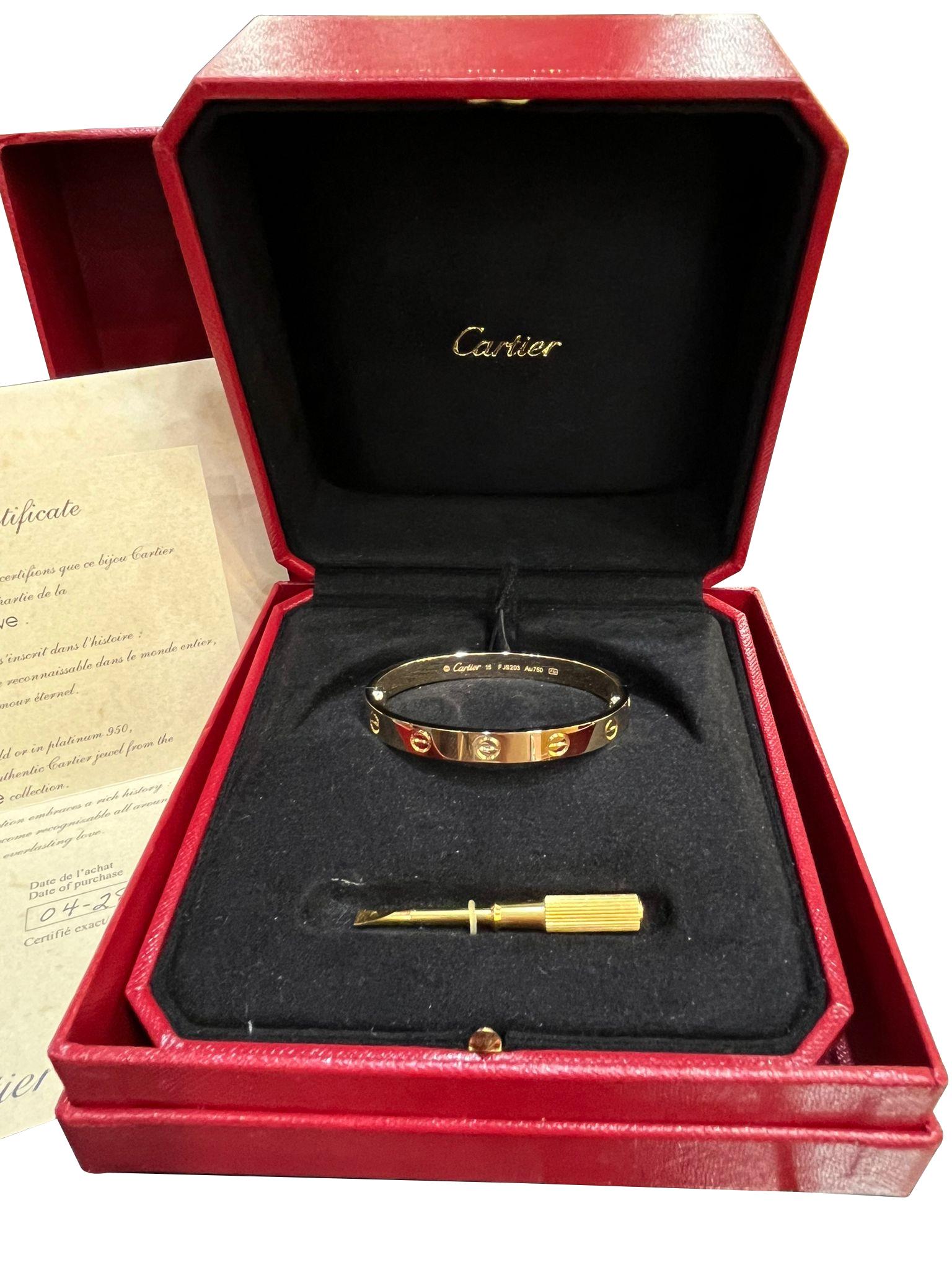 Cartier Love Bracelet 18K Yellow Gold Size 15 Brushed Finish with Screwdriver For Sale 4