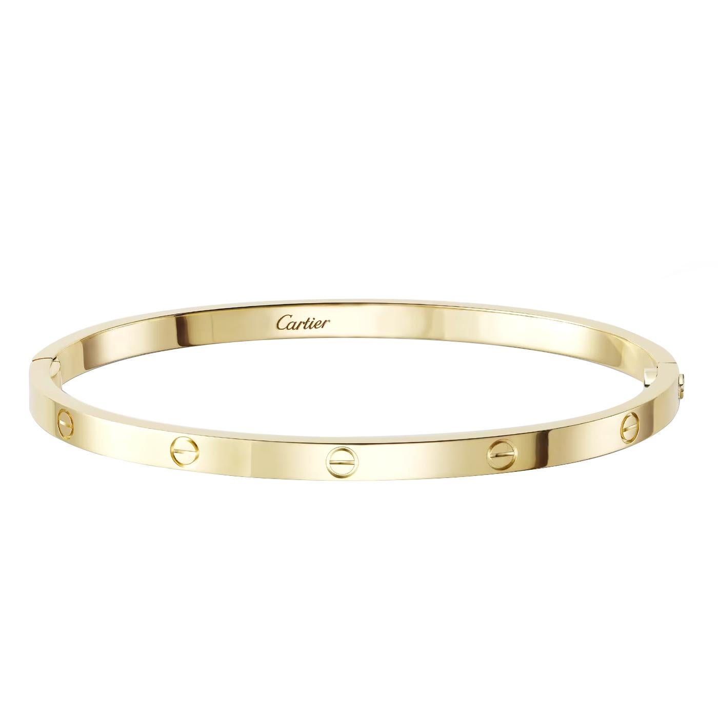 LOVE bracelet, small model, 18K yellow gold (750/1000). Sold with a screwdriver. Width: 3.65 mm (for size 15). The iconic LOVE bracelet has been a symbol of free-spirited LOVE since 1969. Its screw motif and famous locking technology are truly