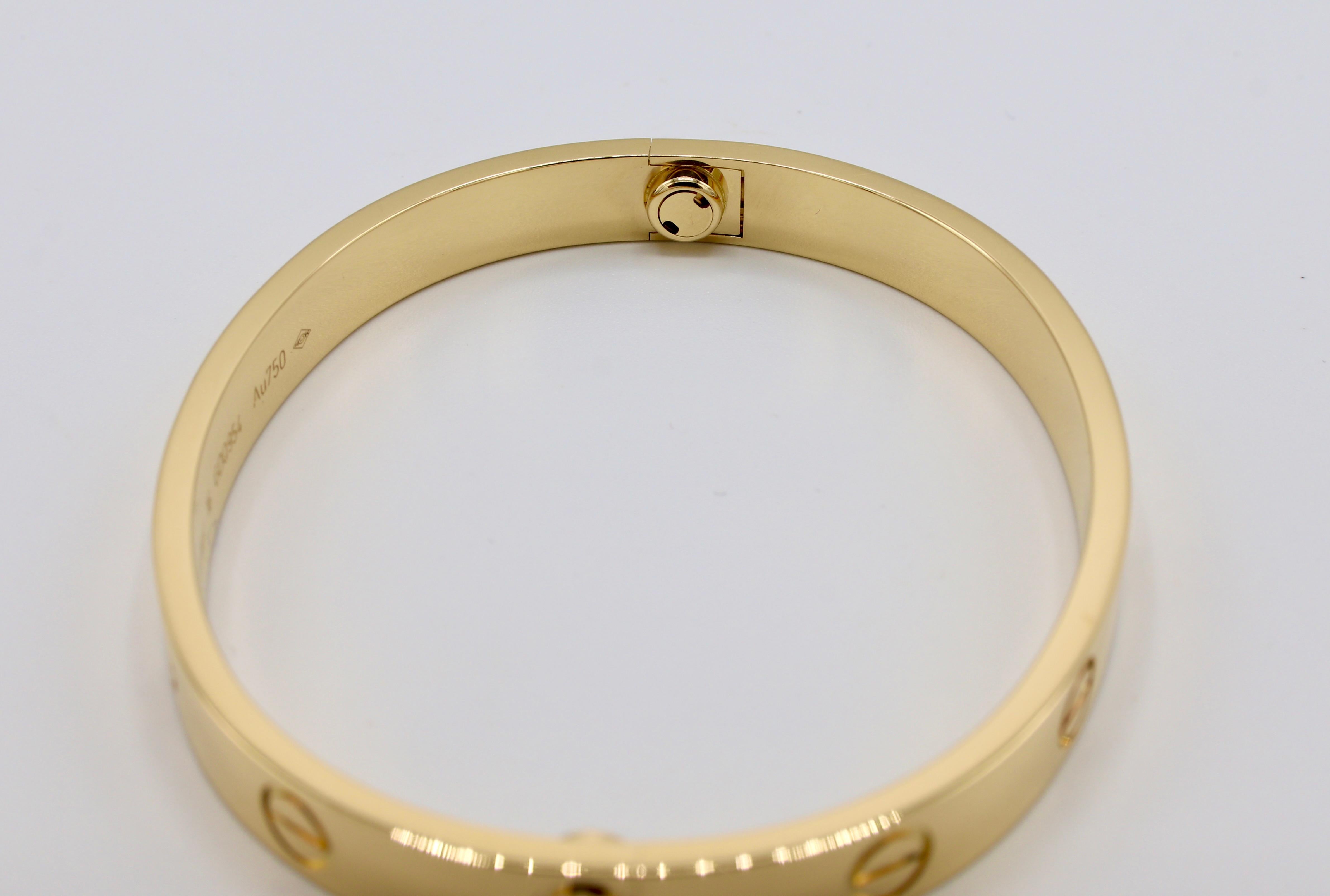 Modern Cartier Love Bracelet 18 Karat Yellow Gold Box and Papers