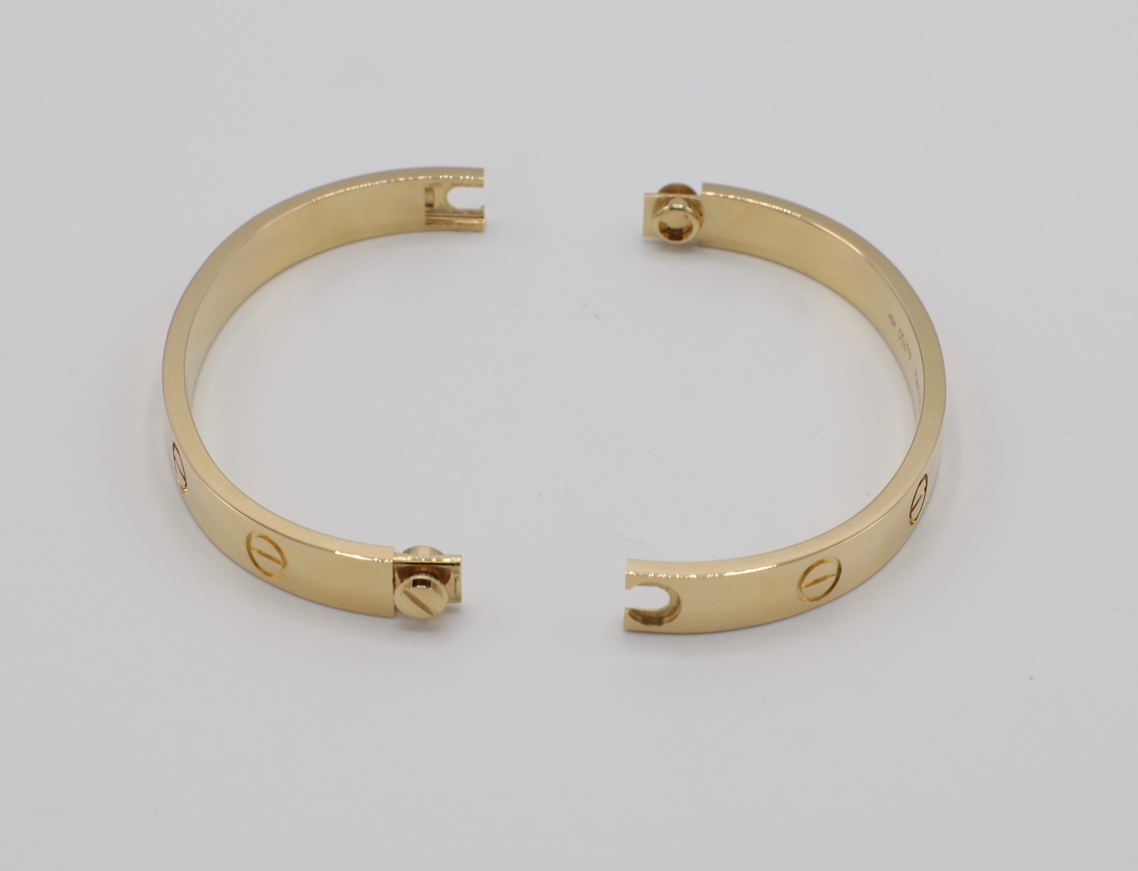 Women's or Men's Cartier Love Bracelet 18 Karat Yellow Gold Box and Papers