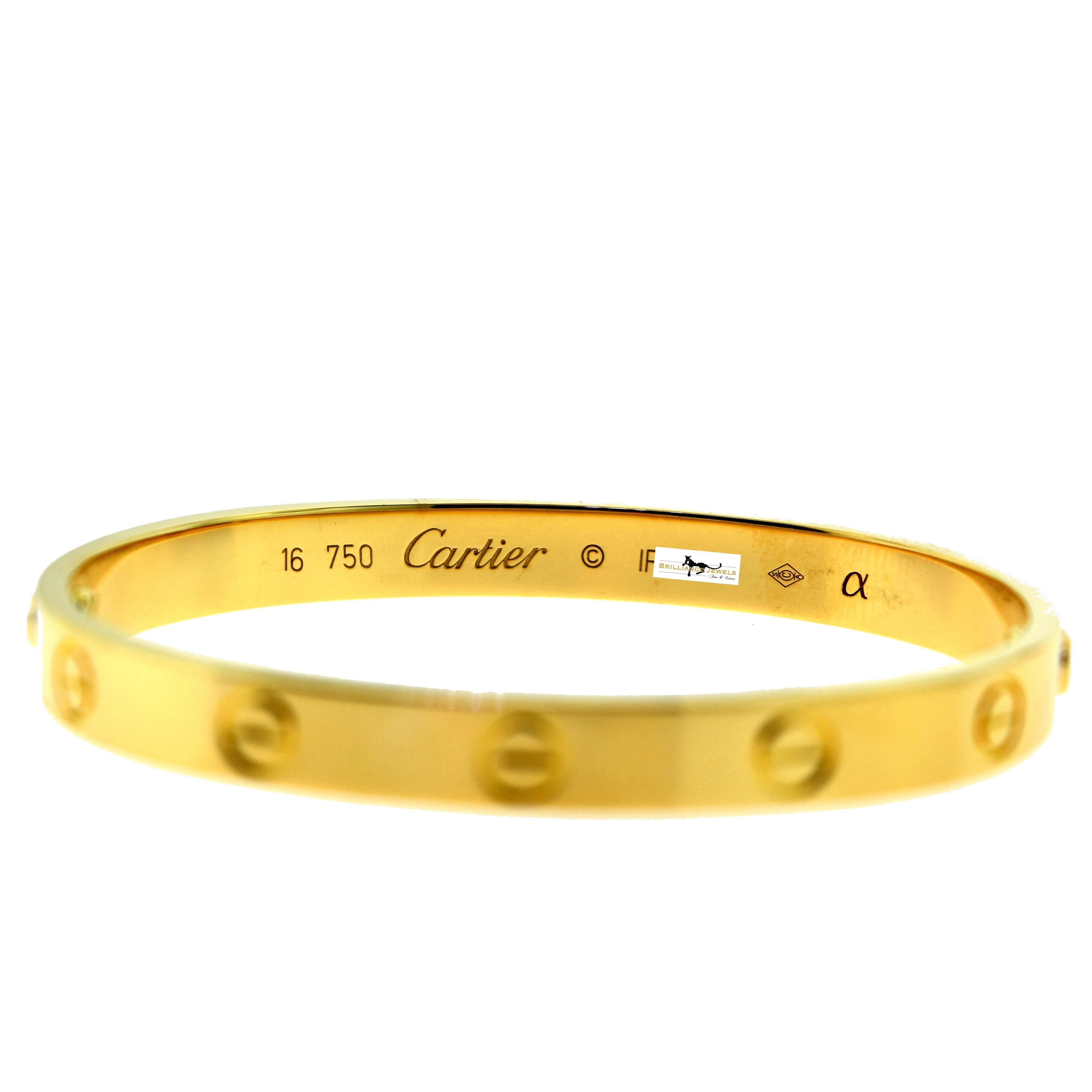 Designer: Cartier

Collection: LOVE

Style: Bracelet Bangle

Metal: Yellow Gold

Metal Purity: 18k

Bracelet Size: 16 = 16 cm

Screw System: New Screw System (screws stay on)

Includes:  24 Months Brilliance Jewels Warranty

​​​​​​​                 