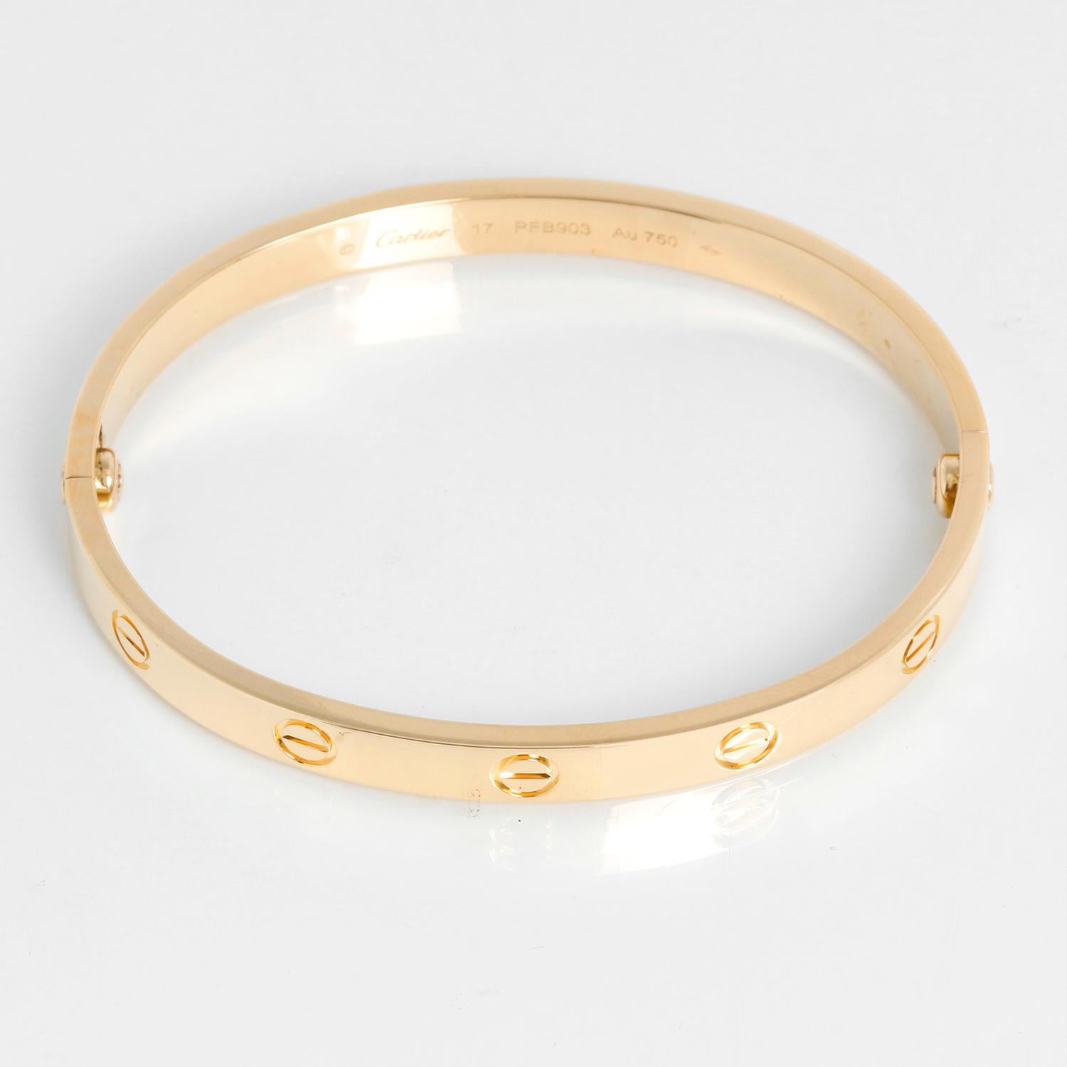 Women's Cartier Love Bracelet 18k Yellow Gold Size 17 For Sale