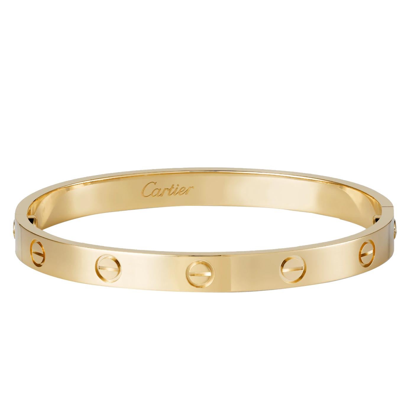 LOVE bracelet, 18K yellow gold (750/1000). Comes with a screwdriver. Width: 6.1 mm. Created in New York in 1969, the LOVE bracelet is an icon of jewelry design: a close-fitting, oval bracelet composed of two rigid arcs which are worn on the wrist