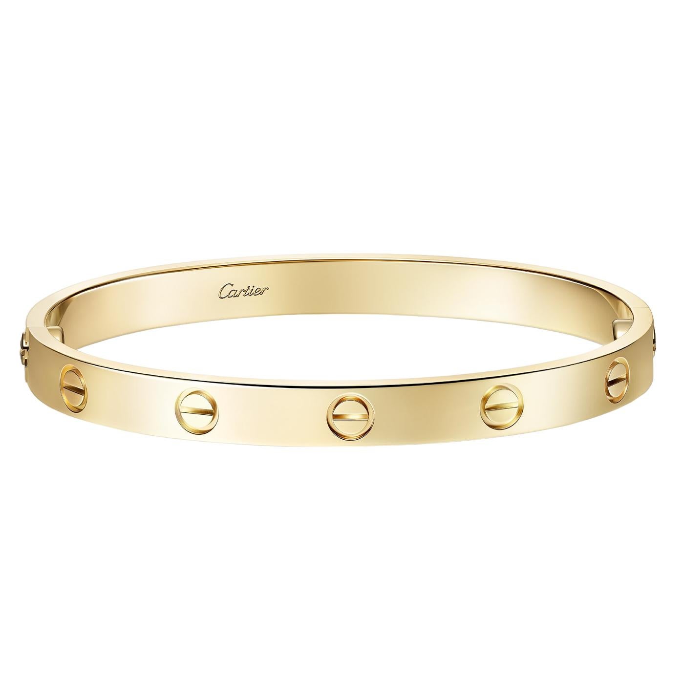 LOVE bracelet, classic model, 18K yellow gold (750/1000), original fastening system with two functional screws. Comes with a screwdriver. Width 6.1 mm. Created in New York in 1969, the LOVE bracelet is a jewelry design icon: a close-fitting, oval