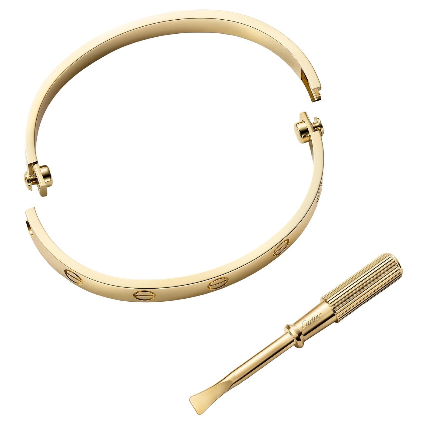 Modernist Cartier Love Bracelet 18K Yellow Gold Size 18 With Screwdriver Bangle For Sale