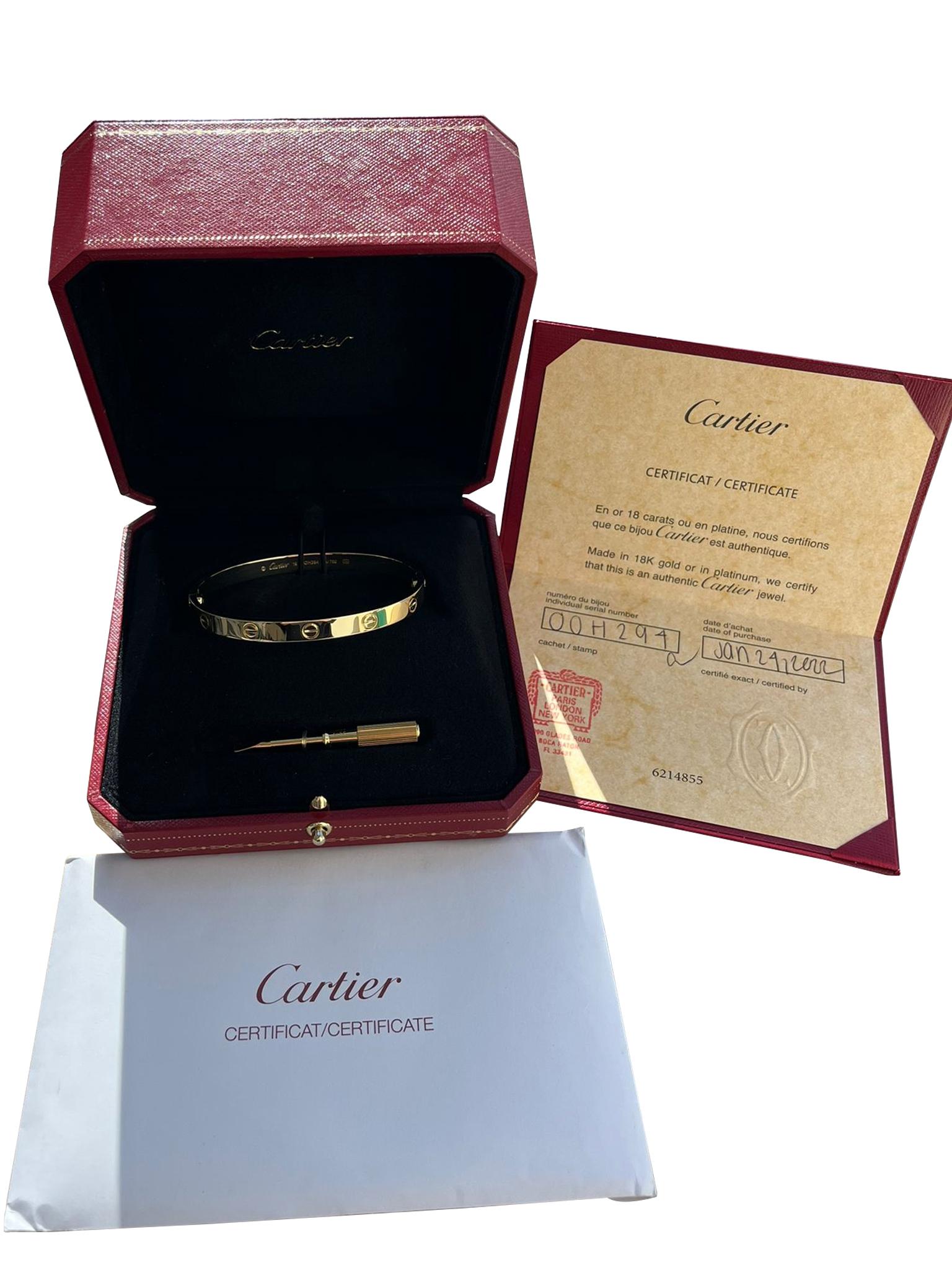 Cartier Love Bracelet 18K Yellow Gold Size 18 With Screwdriver Bangle For Sale 1