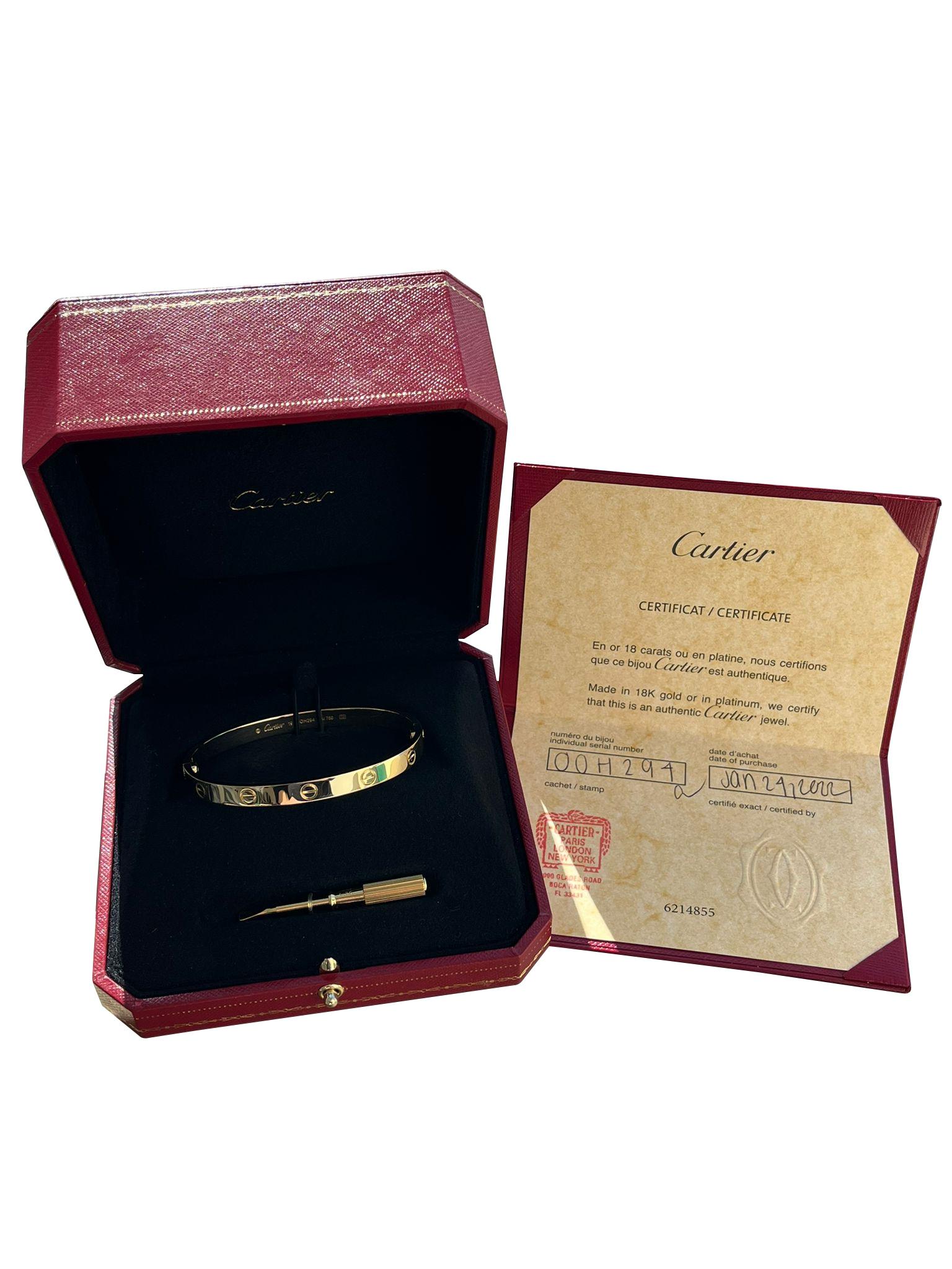 Cartier Love Bracelet 18K Yellow Gold Size 18 With Screwdriver Bangle For Sale 2