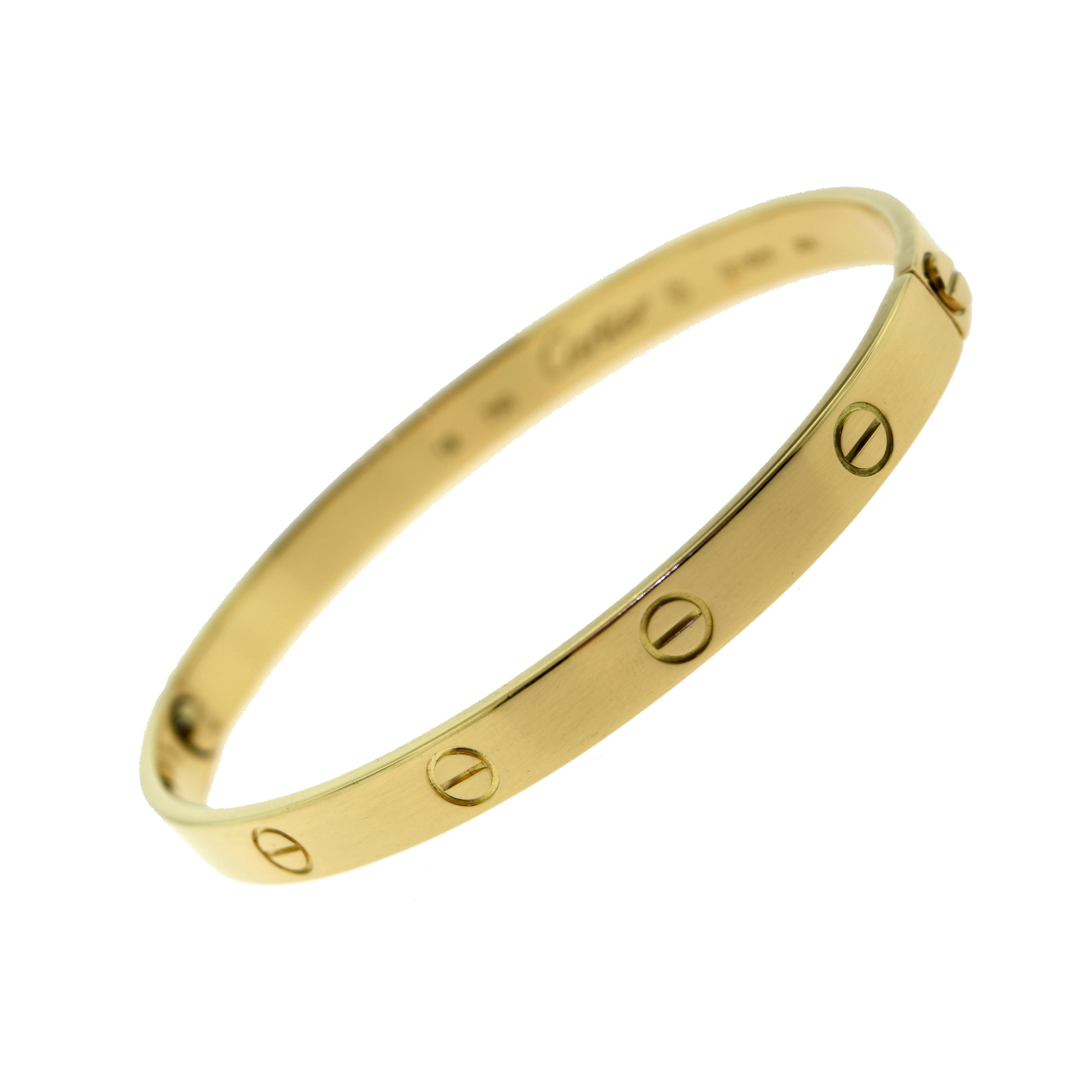 Designer: Cartier

Collection: LOVE

Style: Bracelet

Metal: Yellow Gold

Metal Purity: 18k

Total Item Weight (grams): 6.2

Bracelet Size: 19 = 19 cm

Hallmarks: Cartier, Serial No., 19 750

Includes:  24 Months Brilliance Jewels Warranty

​​​​​​​ 