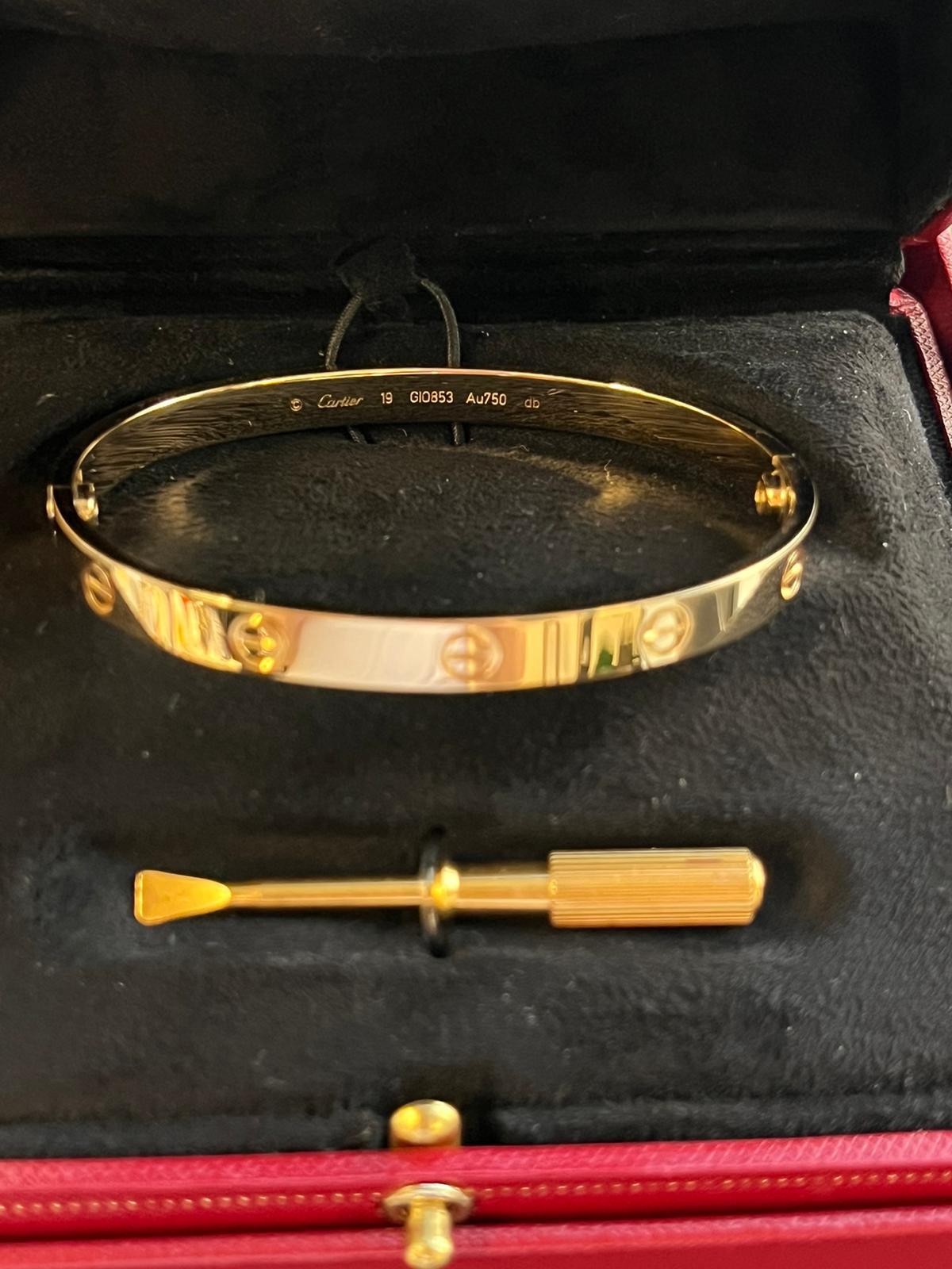 Cartier Love Bracelet 18K Yellow Gold Size 19 With Screwdriver Bangle 6